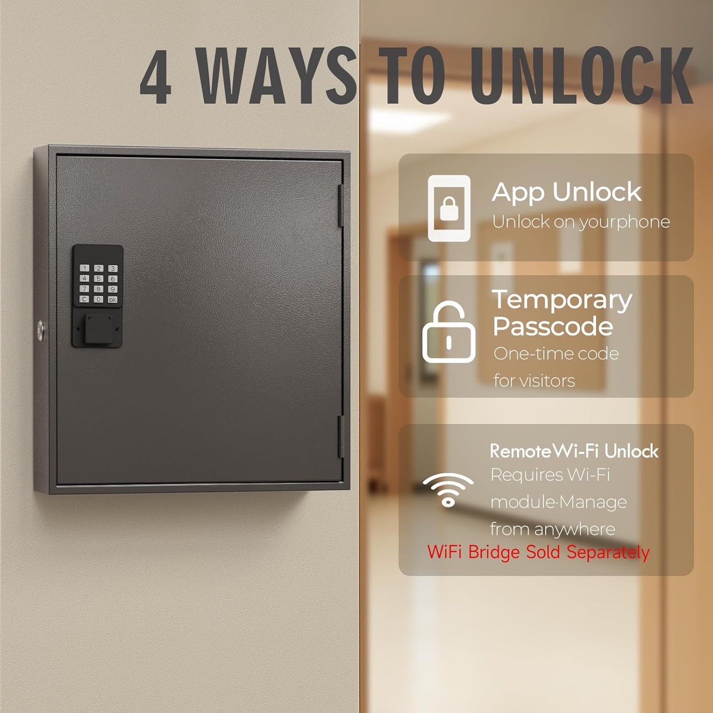 WeHere Smart Key Lock Box, Wall Mounted Key Cabinet with 120 Key Tags, Bluetooth App Control, OTP & Password Unlock, Wi-Fi Remote Unlock (Bridge Required), Steel Key Safe for Office Home Business