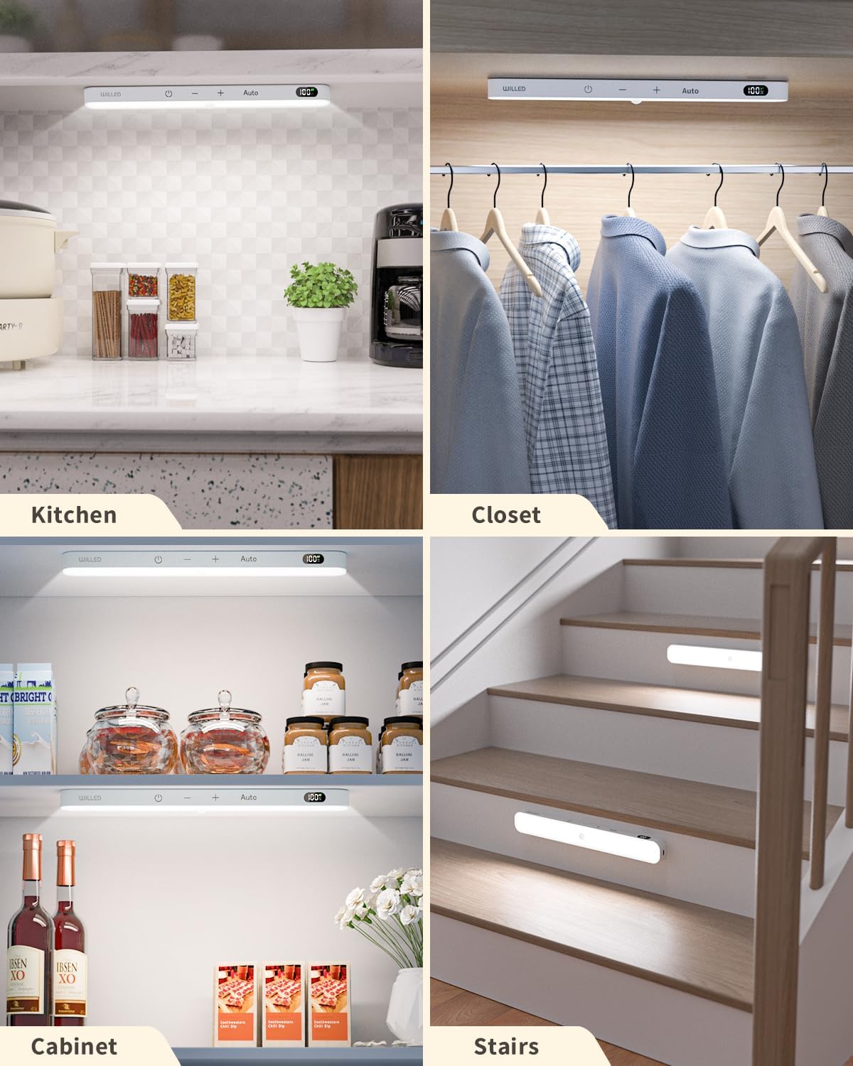 WILLED Under Cabinet Lights Rechargeable, Battery Display, 60 LED Touch Light Bar, Motion Sensor Light Indoor, Battery Operated Closet Light Wireless, Stick on Under Counter Lights for Kitchen(2 Pack)