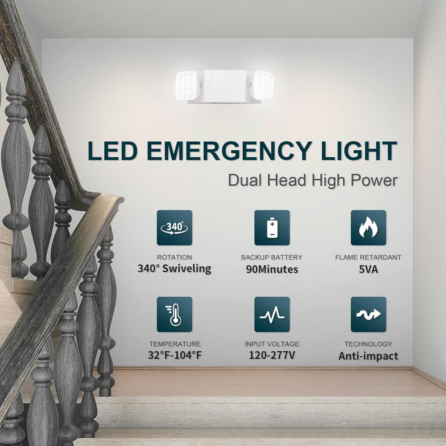 LED Emergency Lights, Commercial Emergency Lights for Business, Power Outages, Offices, with Backup Battery (90 Minutes), Wall Mount, Hard Wired, 120-277V, Fire Resistant (94V-0) UL