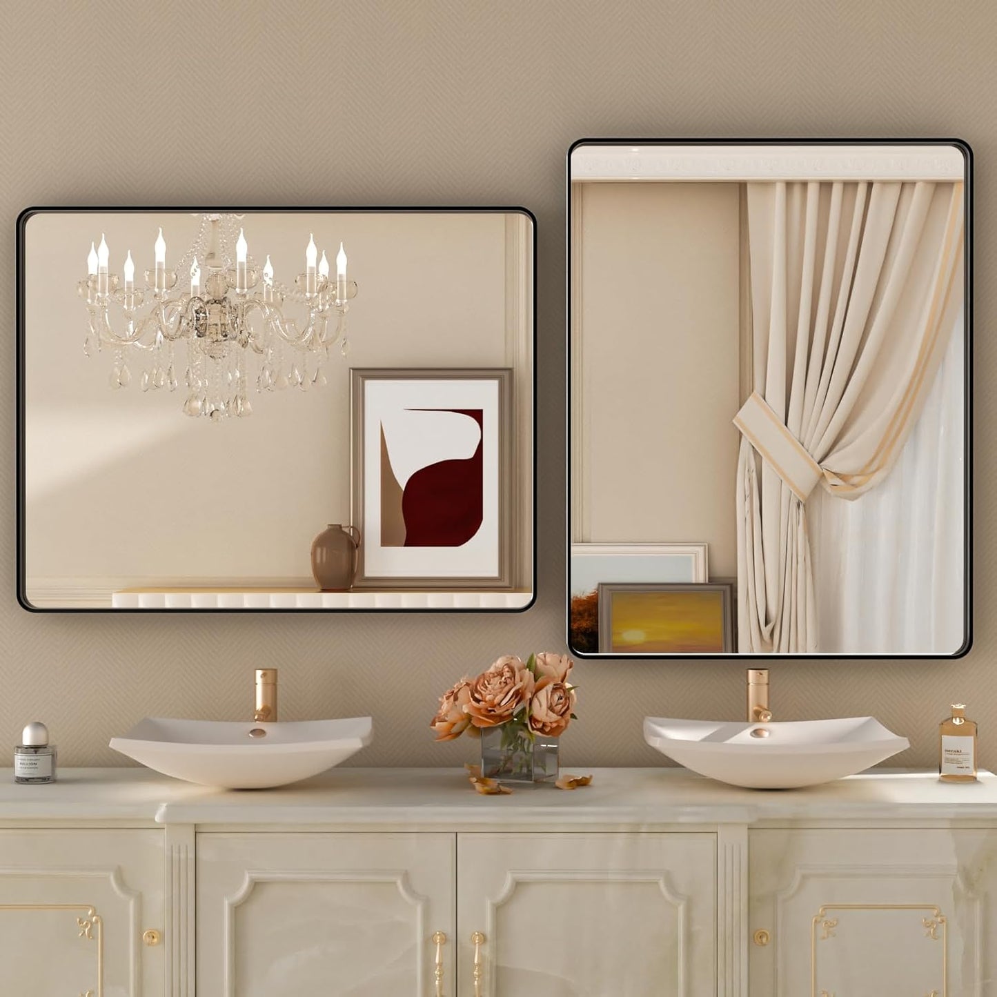 Black Metal Framed Bathroom Mirror for Wall,32X36 Rounded Rectangle Mirror, Matte Black Bathroom Vanity Mirror Farmhouse, Anti-Rust, Tempered Glass, Hangs Horizontally or Vertically