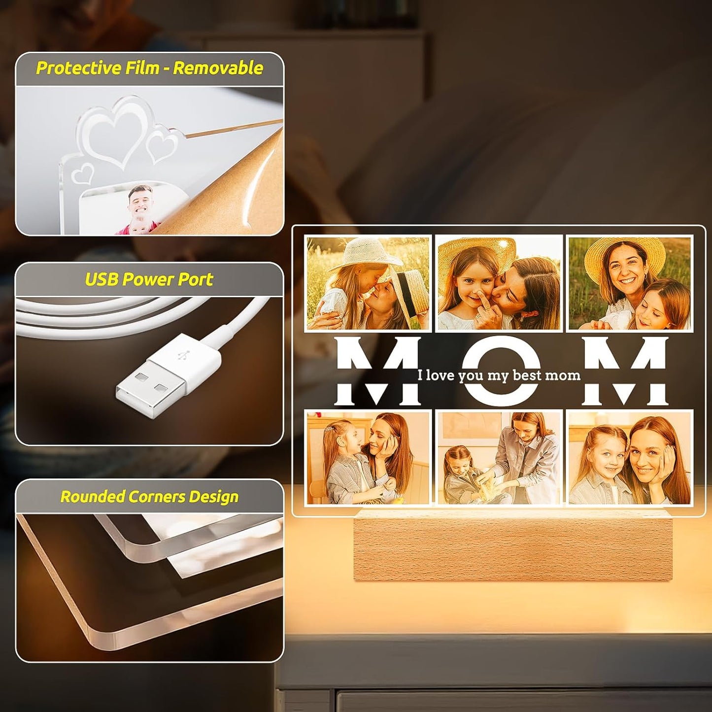 Personalized Birthday Gifts for Mom from Daughter Son, Custom Collage Picture Frames with Photos, Customized Photo Frame with Night Light, Personalized Gifts for Mom Kids Baby Family