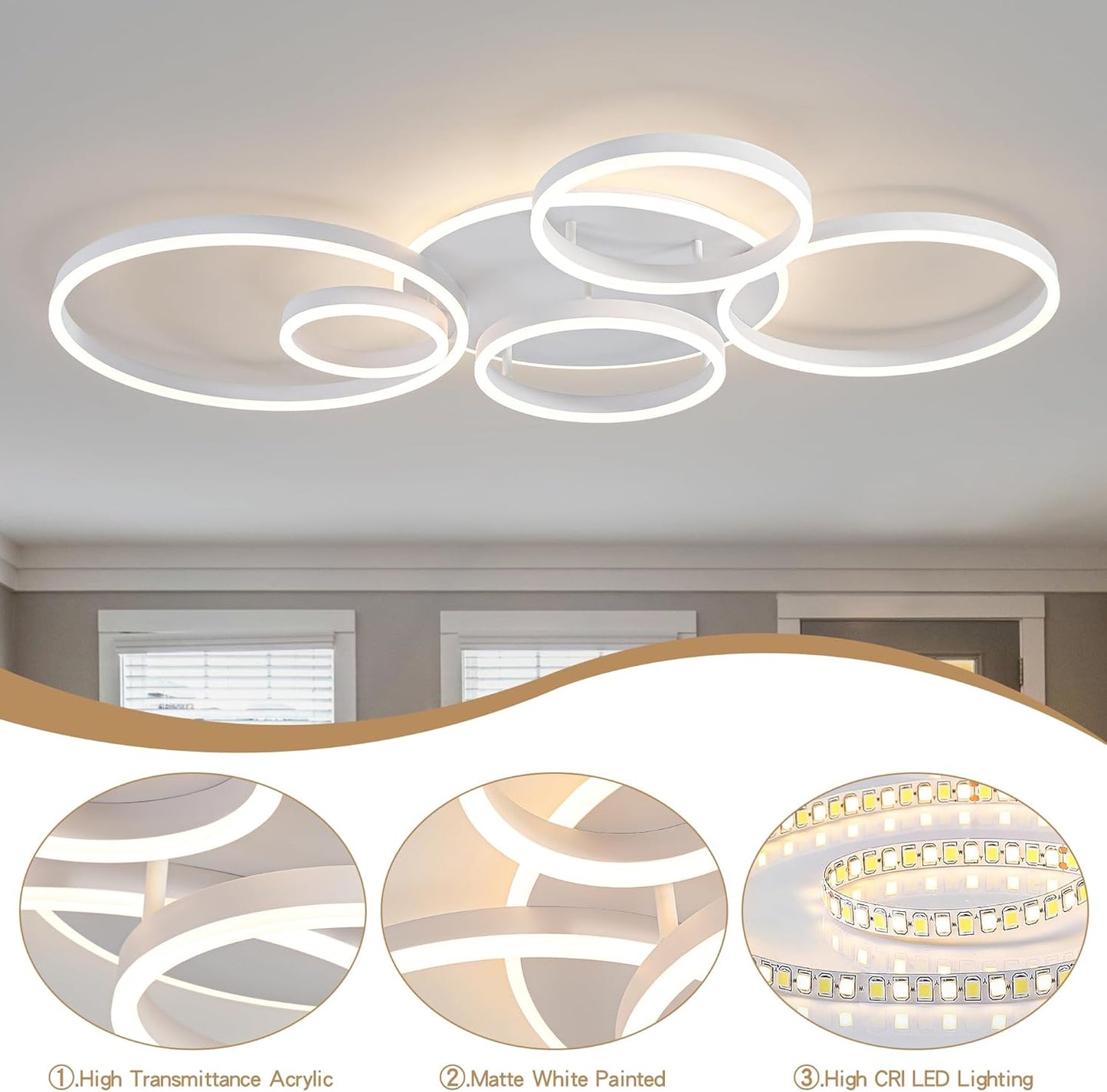 O'NEELDY Modern LED Ceiling Light White Flush Mount Ceiling Lights Fixtures Dimmable 47" Dining Room Light Fixture with Remote 6 Rings Kitchen Lighting Fixtures Ceiling Lamp for Bedroom,Living Room