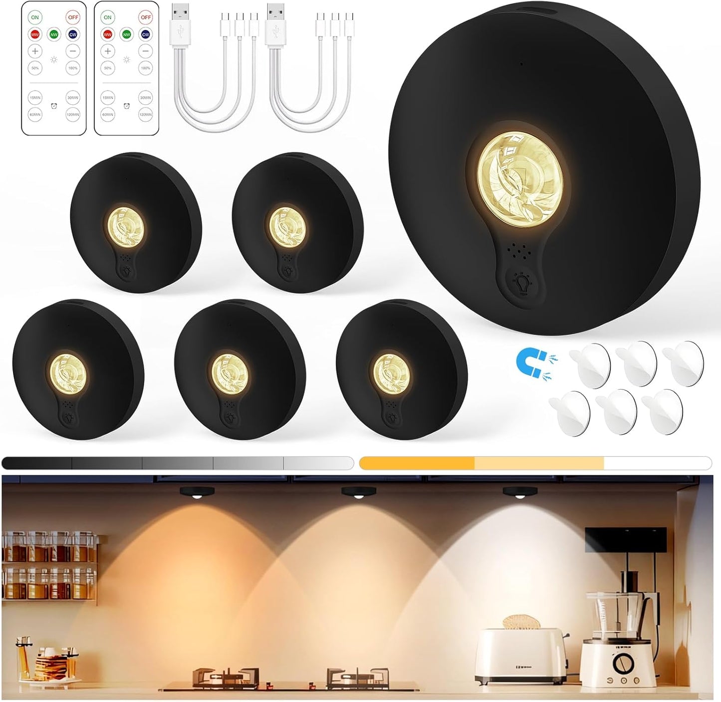 Yiliaw Rechargeable Puck Lights with Remote, 6 Pack Magnetic Under Cabinet Lighting, 1500mAh Battery Operated LED Tap Lights with Dimmer & Timmer for Kitchen, Closet, Shelf - 3 Color Temps, Black