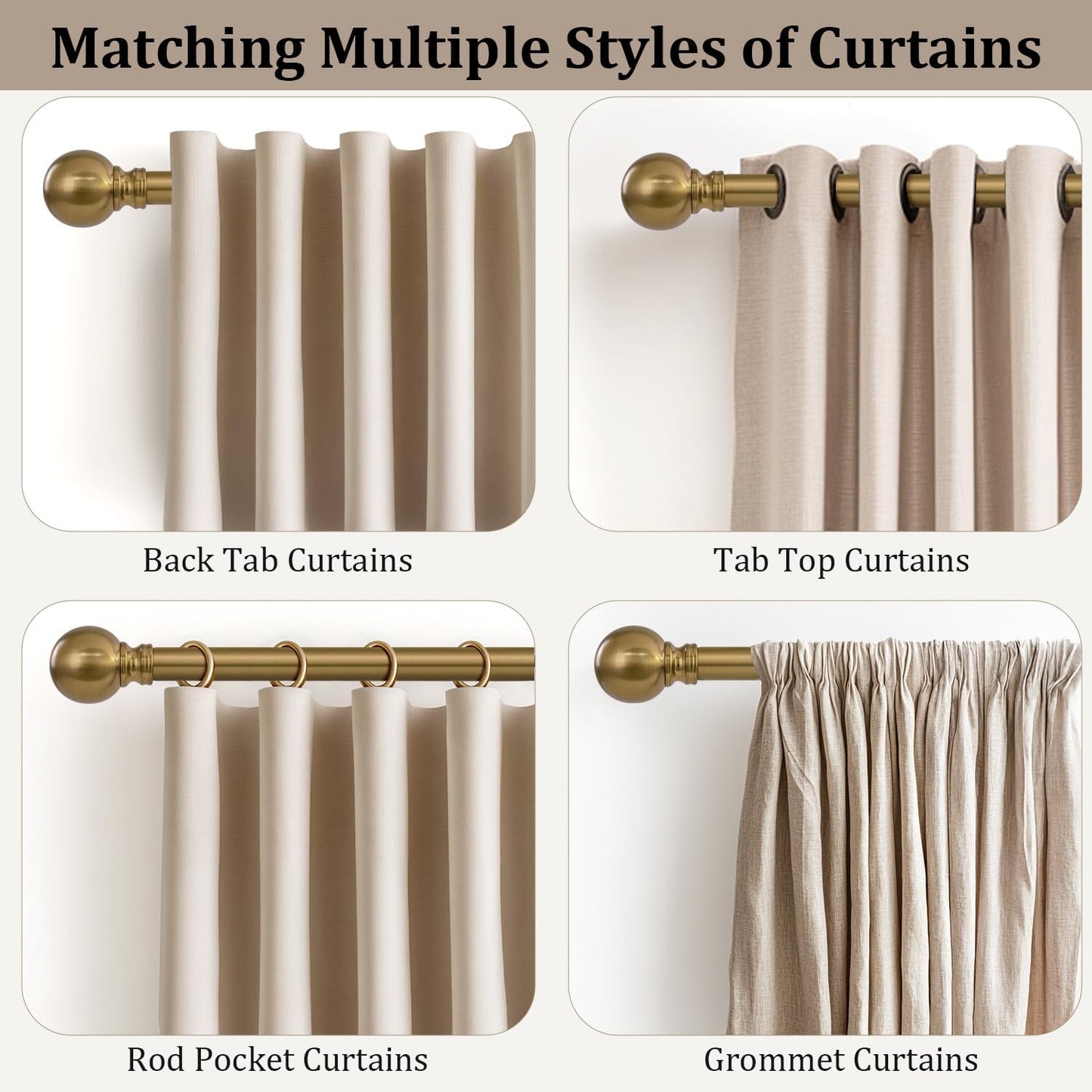 Warm Gold Curtain Rods for Windows 72 to144 Inch Brass Long Heavy Duty Window Curtain Rod Adjustable 1" Diameter with Metal Finials for Living Room Bedroom Farmhouse Kitchen Outdoor