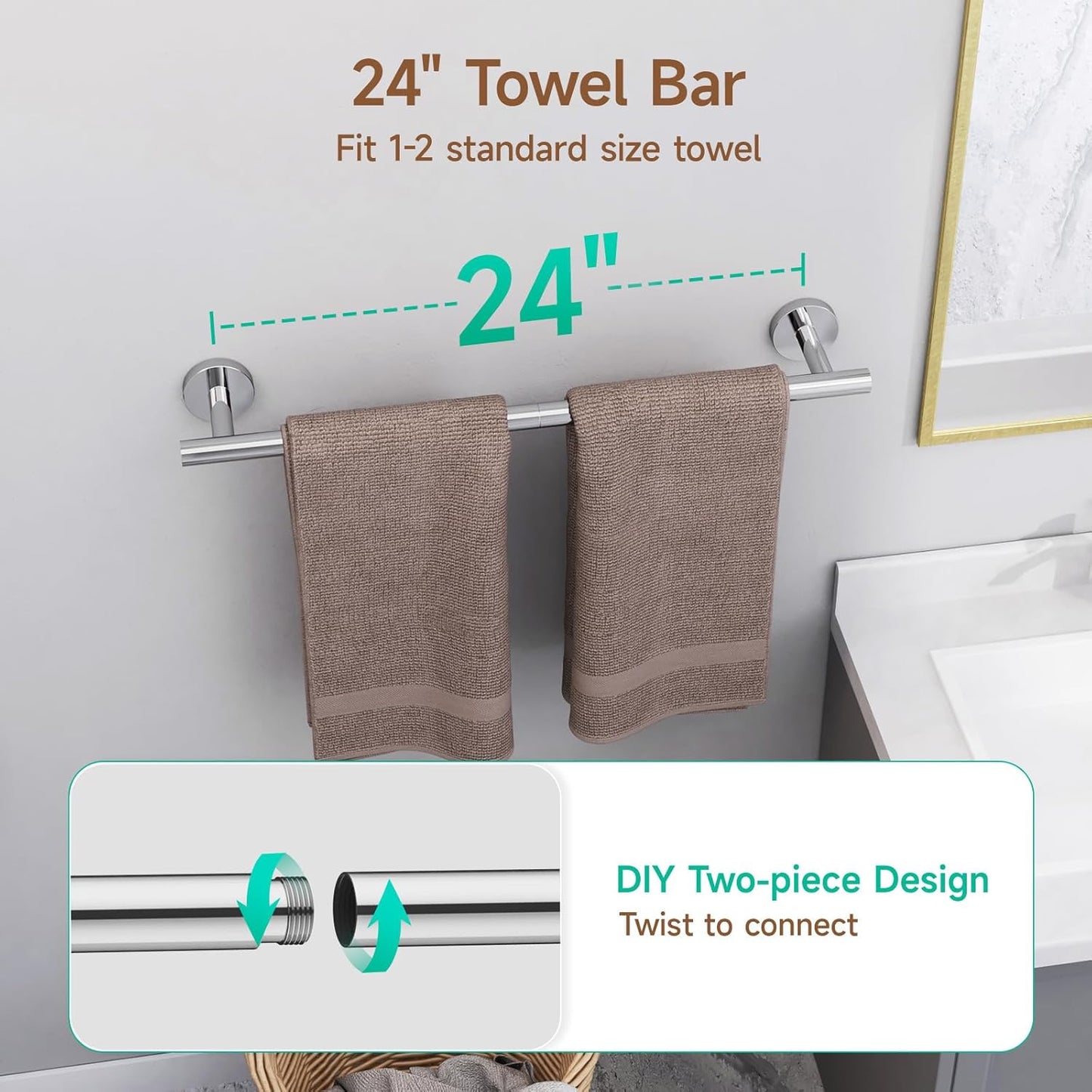USHOWER Polished Chrome Bathroom Accessories Set, 24-Inch Towel Bar Set Wall Mounted, Durable SUS304 Stainless Steel Bathroom Hardware Set, 4-Piece