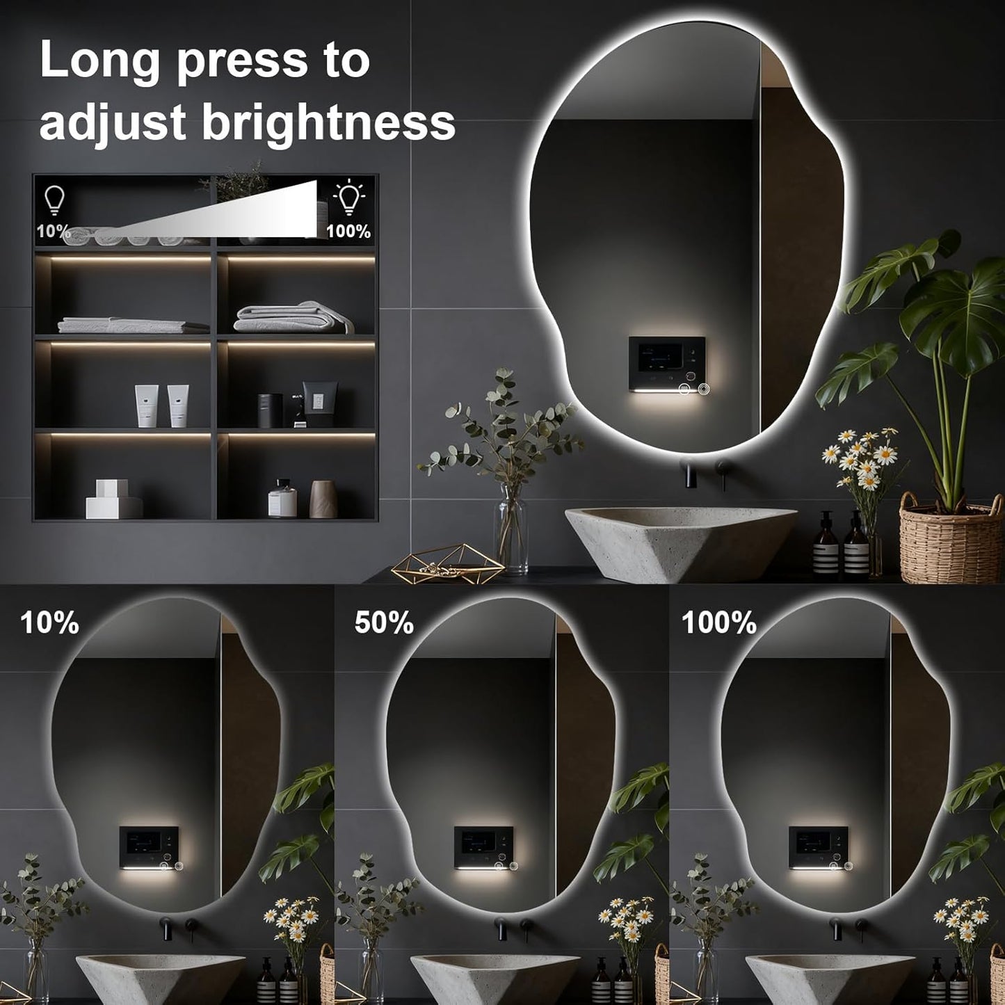 Asymmetrical Bathroom Mirror with Lights,Irregular LED Bathroom Vanity Mirror with Backlit,Anti-Fog,3 Colors and Dimmable Light with Memory,Hardwired Supported[Horizontal/Vertical] 40" H x 30" W