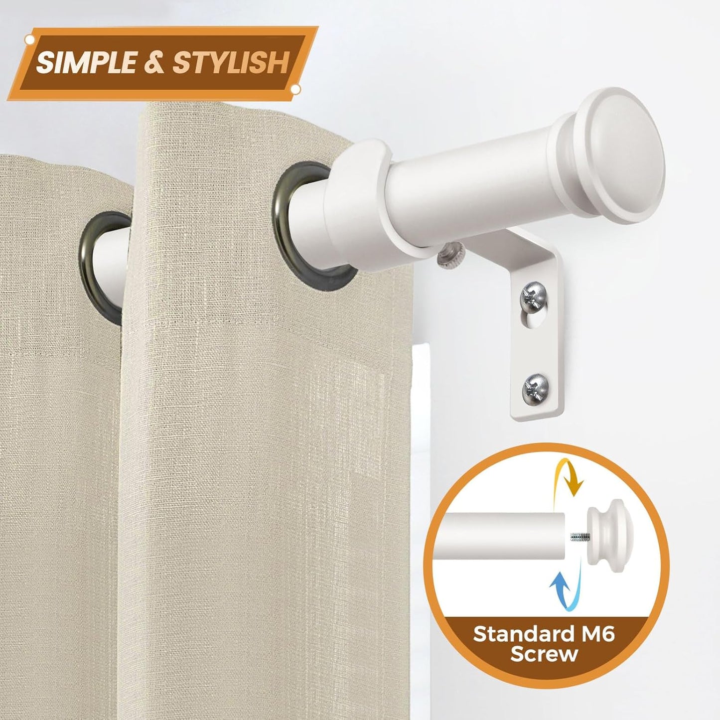 TONIAL Curtain Rod 32 to 86 Inch, Telescoping Splicing 3/4 Drapery Rods for Windows Decorative Single Rod with Small Cap End, Warm White