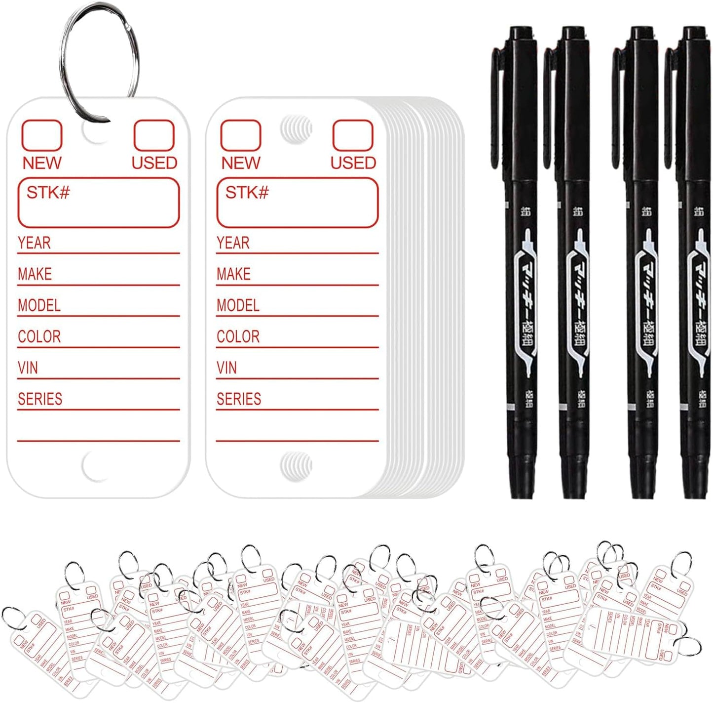 500 Pcs PVC Tags with Labels and Rings, Car Key for Organization, Identifiers, and Luggage Tags with 4 Pcs Markers, Plastic Keychain Tags for Car, Truck, and Dealer Use