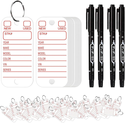 500 Pcs PVC Tags with Labels and Rings, Car Key for Organization, Identifiers, and Luggage Tags with 4 Pcs Markers, Plastic Keychain Tags for Car, Truck, and Dealer Use
