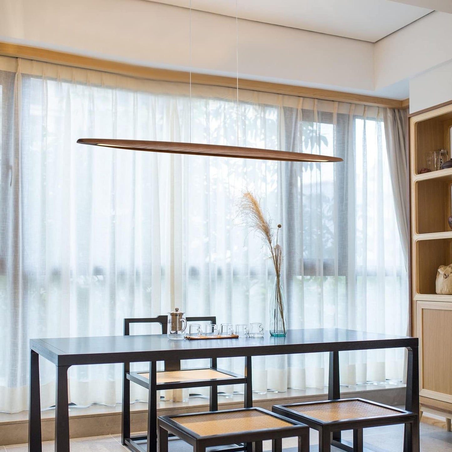 Wood Linear Pendant Hanging Light Fixture Minimalist Light Linear Chandelier Wood Kitchen Island Lighting 40w Dimmable for Dining Room Dining Table Living Room Pool Table Walnut Color