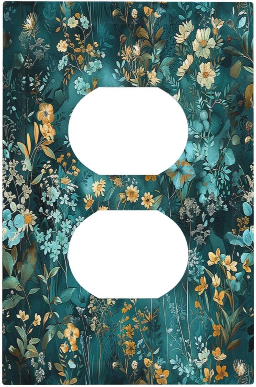 Outlet Covers Green Leaf Floral Boho Golden Flower Plant 1 Gang Duplex Light Switch Cover Decorative Switch Plates Electrical Receptacle Faceplate Wall Plate For Bed Room Cabin Decor