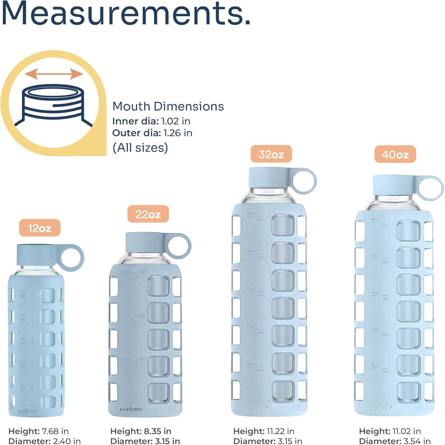 purifyou 40oz / 32oz / 22oz / 12oz Borosilicate Glass Water Bottle with Time & Volume Markers, Silicone Sleeve, Stainless Steel Lid | Reusable Glass Bottle for Water & Juice (22oz Ice Blue)