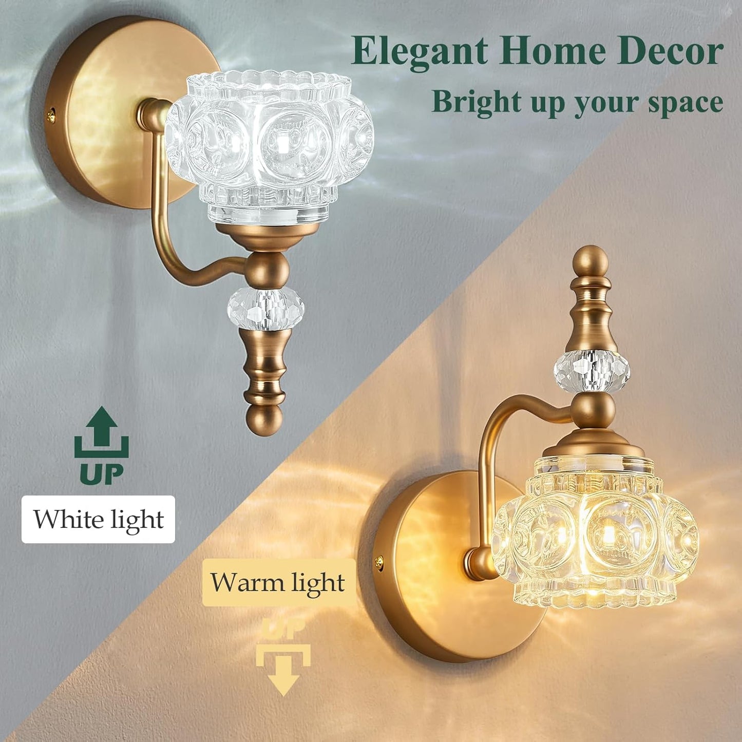Modern Glass Crystal Vanity Light - Vintage Bathroom Lighting Fixtures Over Mirror, 2 Pack Vanity Lights G9 Bulb (7.87 Inch,Brass)
