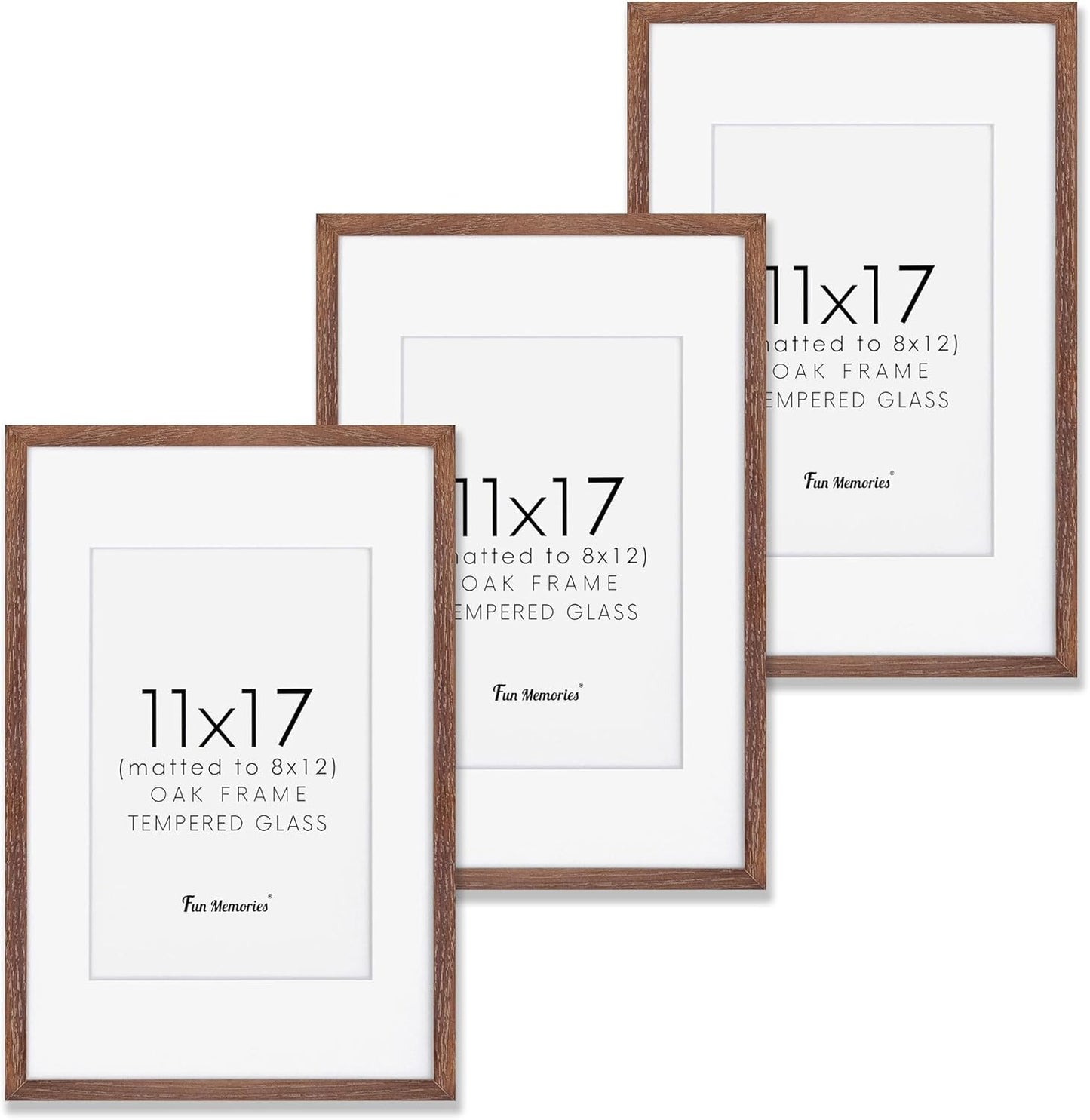 11x17 Picture Frame Set of 3, Solid Oak Wood 11 x 17 Frames with Tempered Glass, 11x17 Frame Matted to 8x12, Rustic Wooden 11 by 17 Poster Frames for Wall