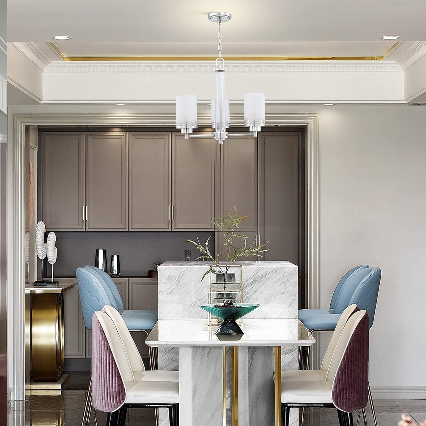 Doraimi Lighting 3 Light Fashion Kitchen Island Frosted Glass Shade+Hollow Metal Shade Chandelier Light Fixture,Brushed Nickel Finish Dining Room Living Room Corridor Bedroom