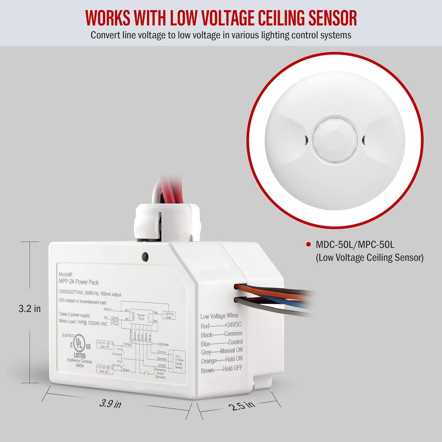 ENERLITES Ceiling Sensor Low Voltage Power Pack for Low Voltage Sensor and Package, Self Contained Power Supply Relay System 120~277V AC to 24V DC, MPP-24, New Model, White