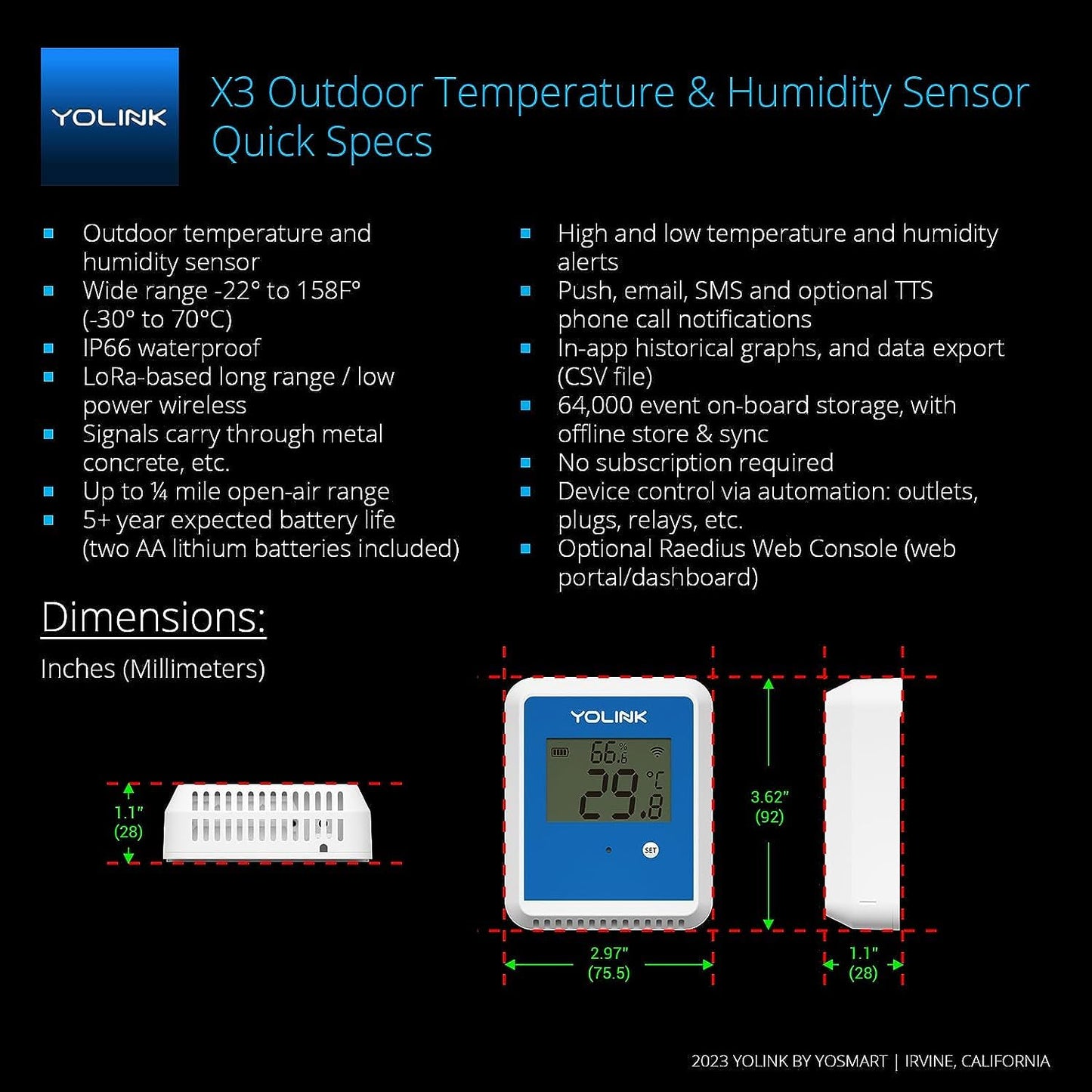 YoLink X3 vesion Outdoor Temperature & Humidity Data Logger, Hygrometer, Thermometer, 1/4 Mile Range, 5+ Years Battery Life, Emails/Text/App Alerts, Alexa. Pet Cage, Freezer, Greenhouse. Hub Included