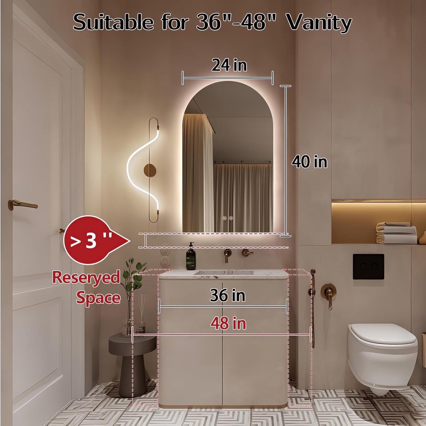 Niccy Arched LED Bathroom Mirror, 40x24 Inch Arch Frameless Backlit Mirrors for Wall Arched Lighted Vanity Mirrors Defogger and 3 Color, Explosion-Proof, HD Glass and IP65 Waterproof