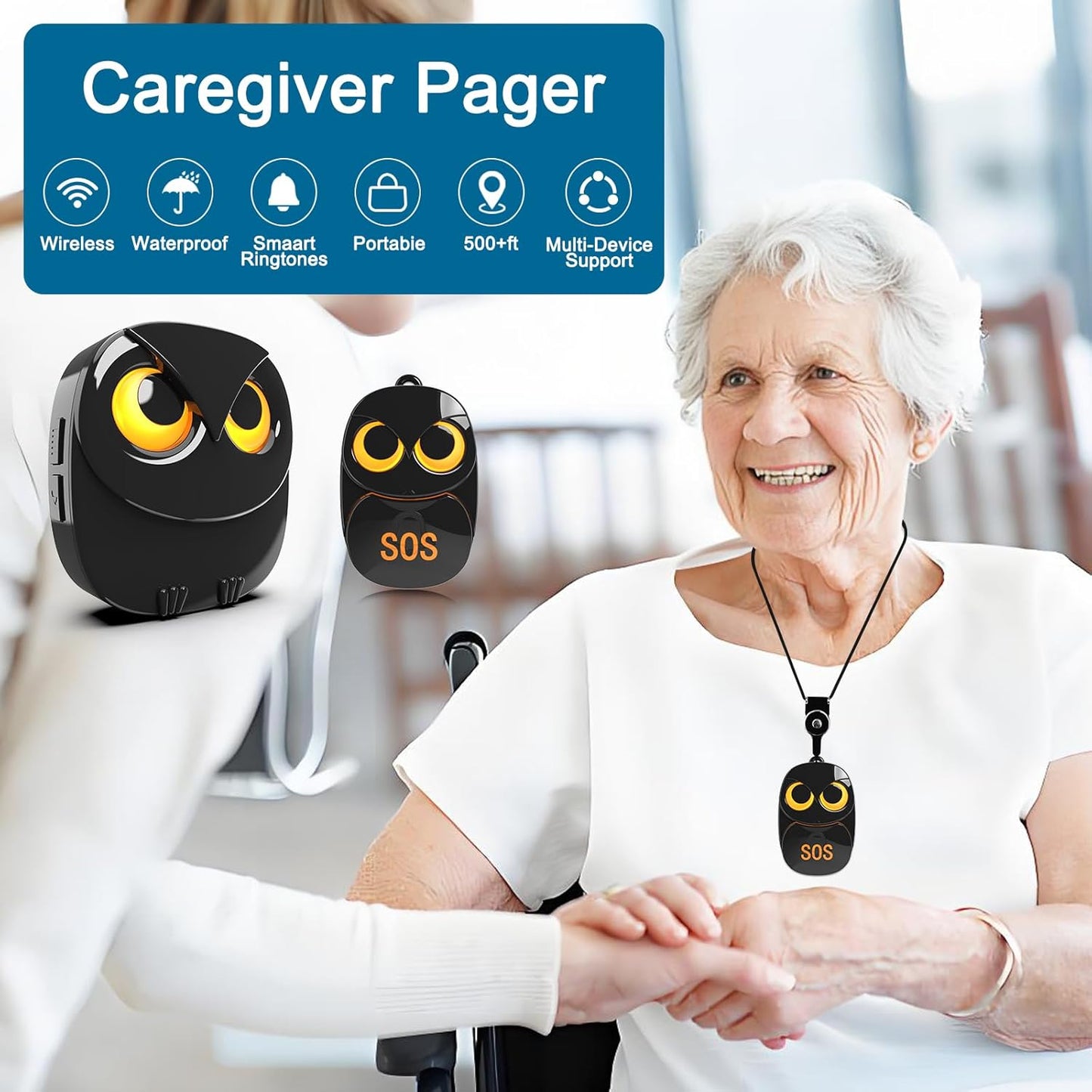 HTZSAFE Caregiver Pager Wireless Call Button 500+ Feet, SOS Alert Nurse Calling Elderly Fall Help System for Patient/Disabled Monitoring at Home, IP55 Waterproof, 1 Transmitter + 1 Receiver , Black