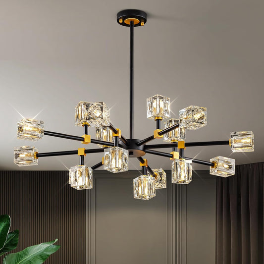 Sputnik Chandeliers with16-Light,Modern Black and Gold Crystal Chandelier, Mid Century Ceiling Light Fixture for Dining Room, Kitchen Island,Foyer,Living Room,Bedroom