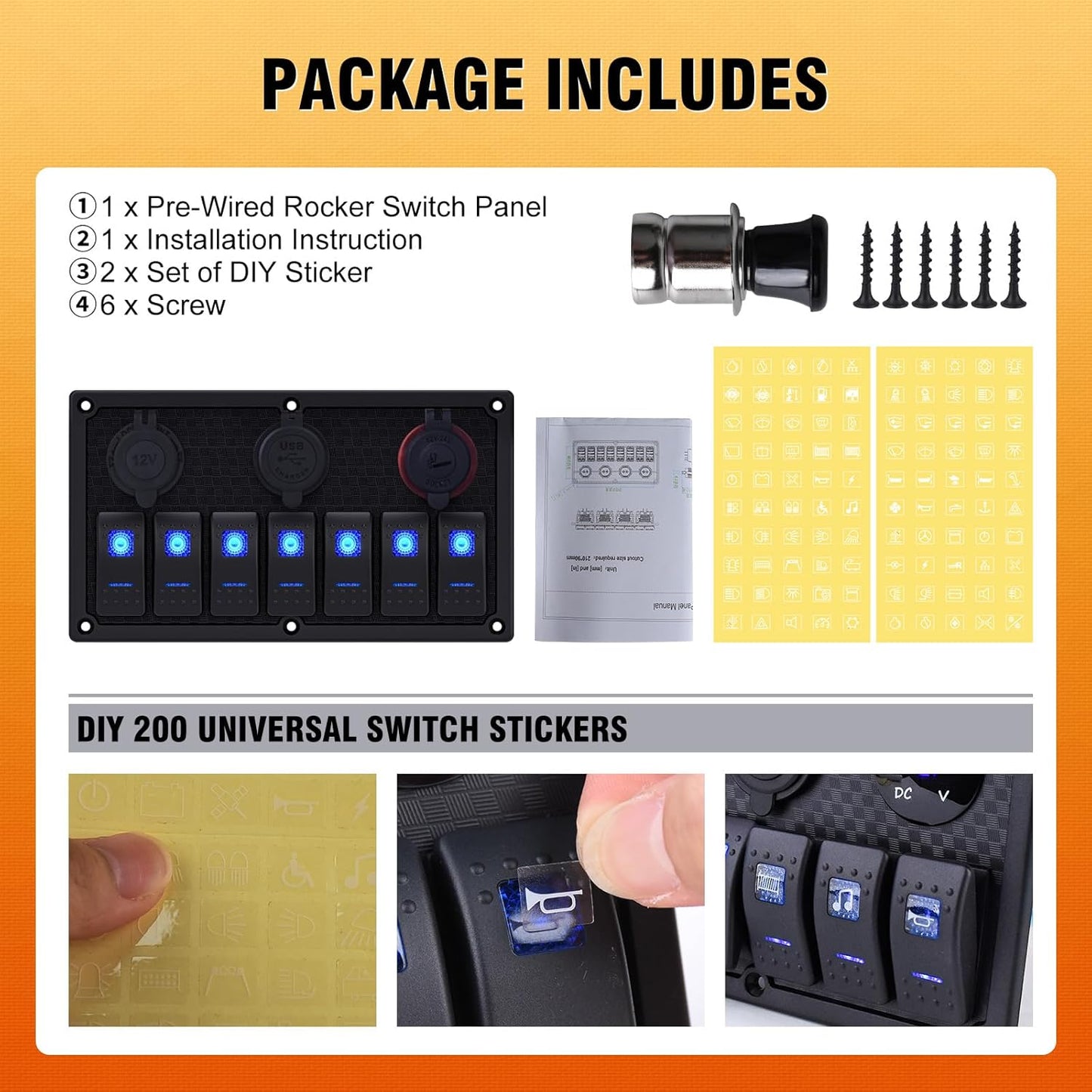 Marine Boat Rocker Switch Panel,Waterproof 7 Gang Toggle Switch Panel with Dual USB and Voltmeter Panel for RVs, Cars, Boats, Trucks,Trailers - 12-24V