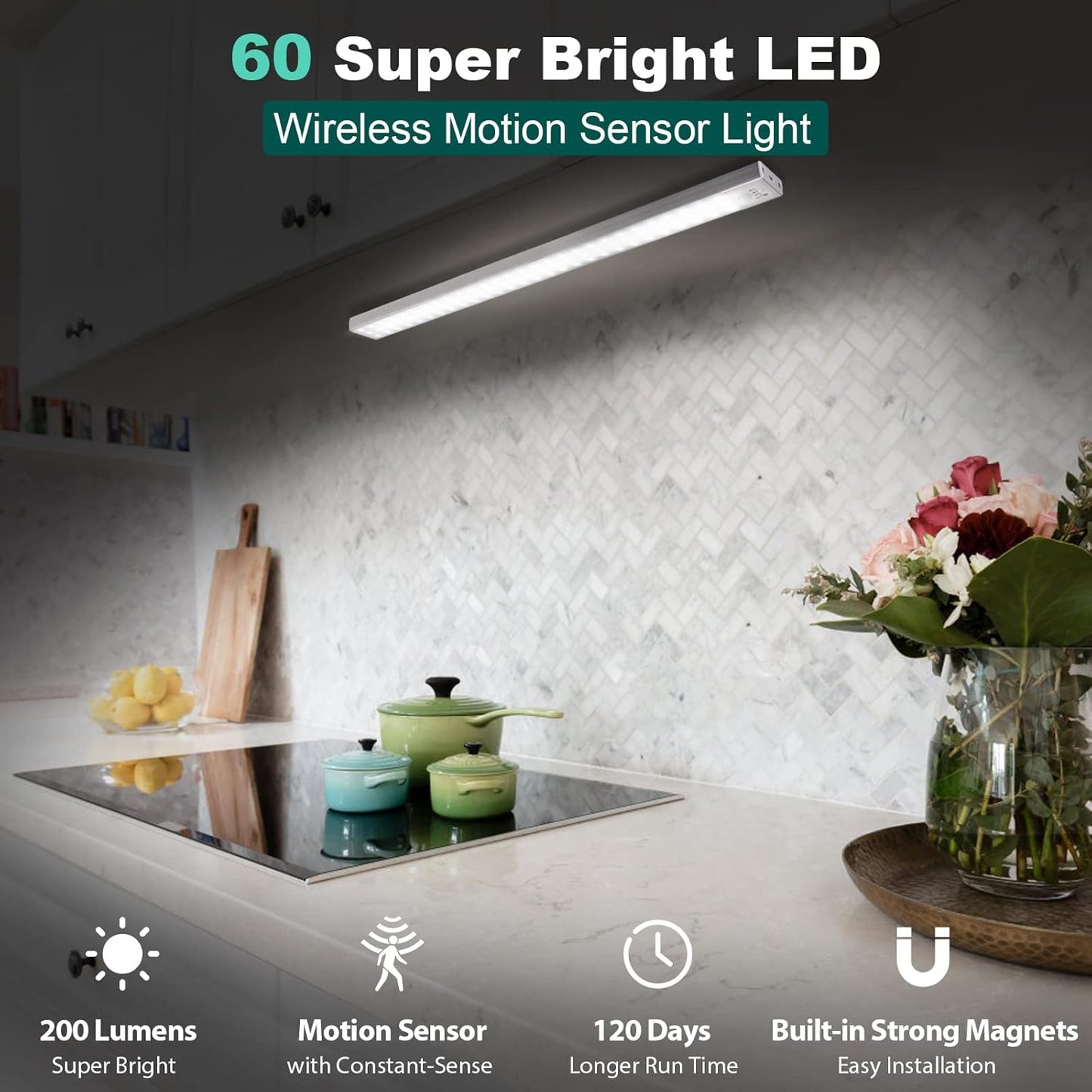 60 LED Closet Lights Battery Powered, BLS Super Bright Under Cabinet Lighting, Motion Sensor Light, Wireless, 2400mah Rechargeable Operated, 120 Days Run Time, 6000k Clean White-13 Inches