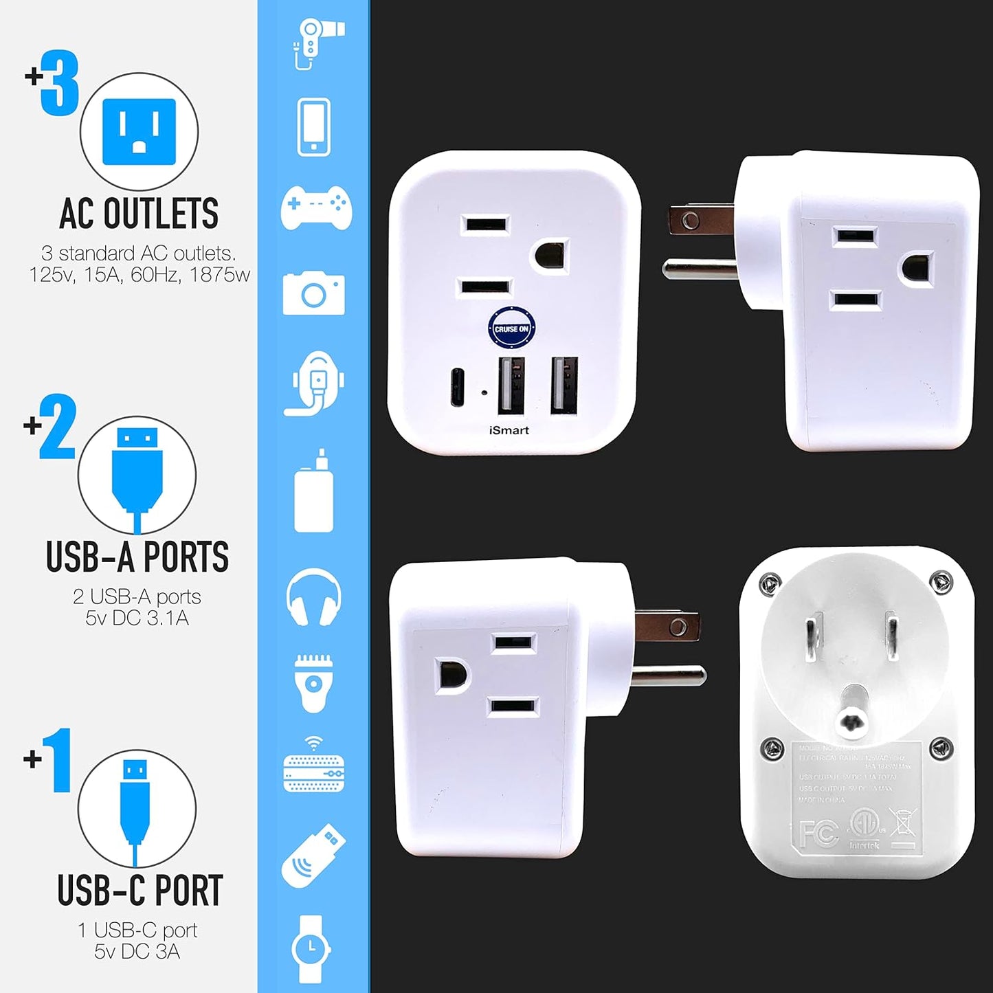 Cruise Approved Power Strip Non Surge Protector for Cruise Ship Multi Plug, 6 Outlets, 2 USB-A, 1 USB-C, & 3 AC Outlet for Carnival, Celebrity, Princess, Norwegian & Major Lines in 2025 & 2026