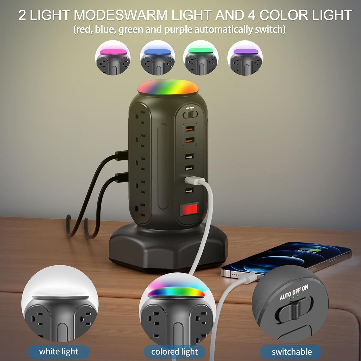 Power Strip Tower with Colorful Nightlight, 15 AC Outlets and 6 Fasting USB Ports, Retractable Extension Cord with Multiple Outlets, 900 J Surge Protector with Right Flat Plug (Black)