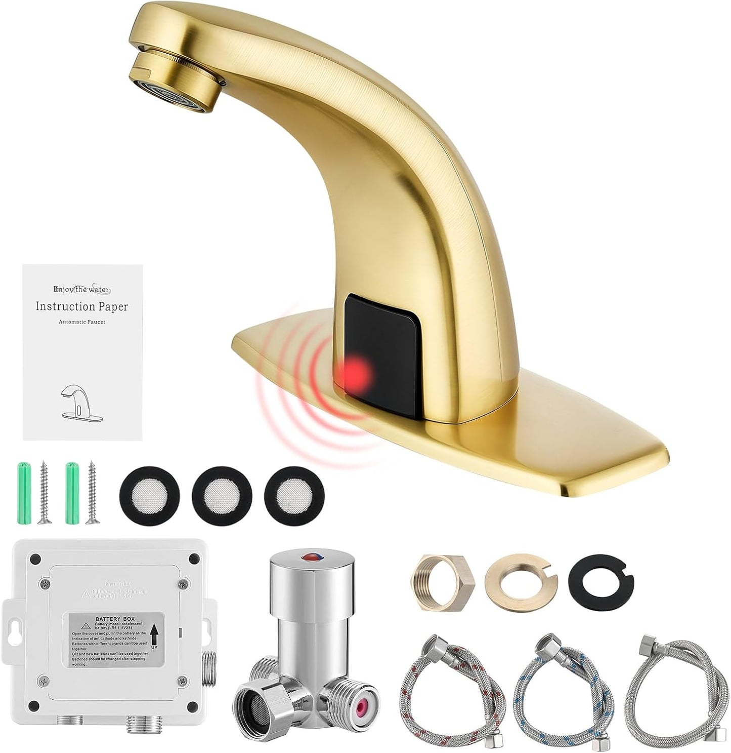 Touchless Bathroom Sink Faucet，Automatic Motion Sensor Faucets with Deck Plate for Commercial Lavatory Gold Plated
