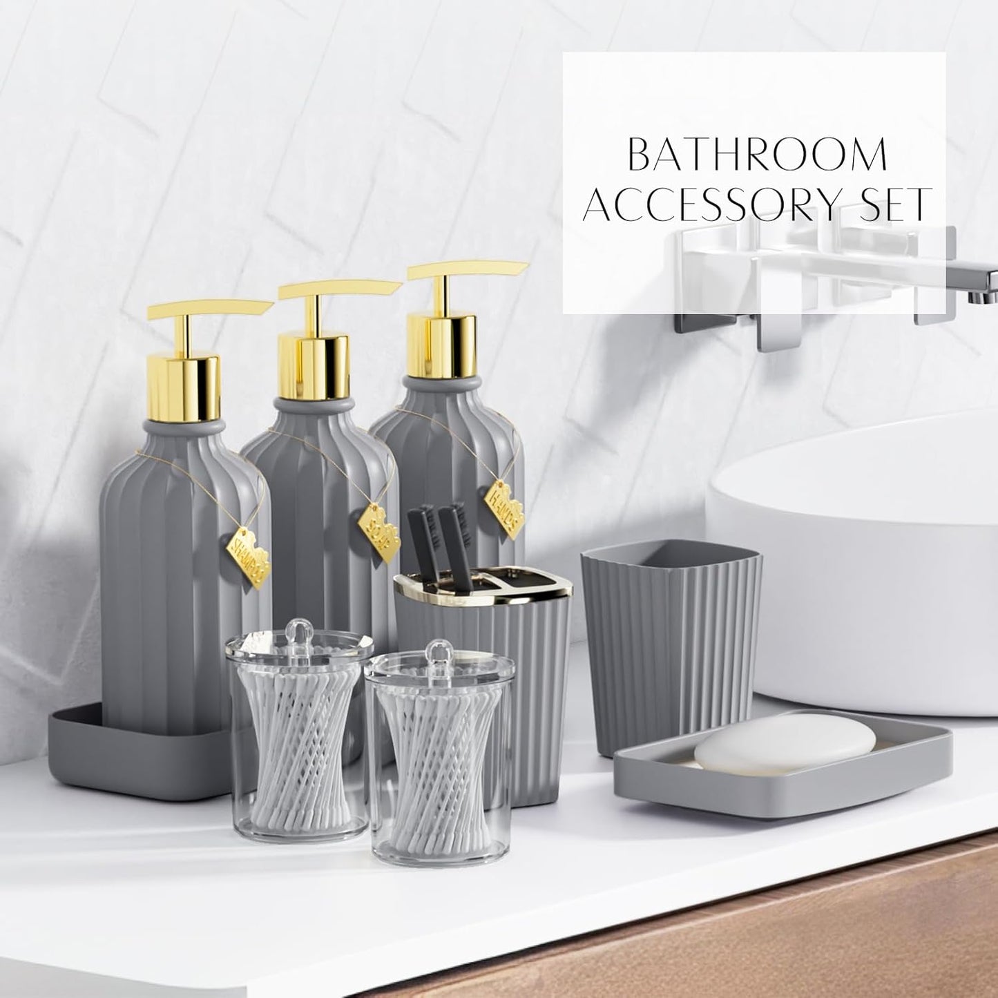 32PC Bathroom Accessory Set Bathroom Accessories Set Grey Bathroom Set, Shower Curtain Set, 2 Piece Bath Towel Set, 3PC Soap Dispenser, Toilet Brush & Trash Can