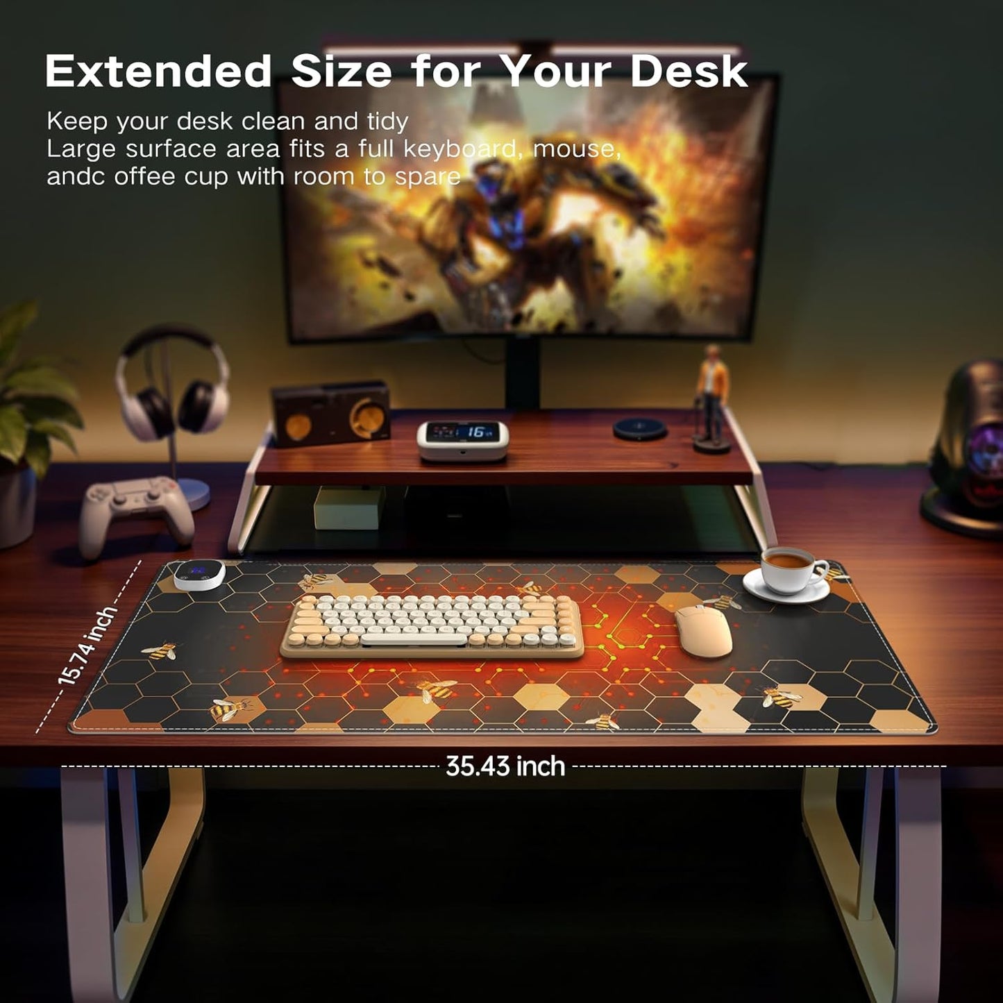 iCasso Heated Desk Pad, XXL Heated Mouse Pad Hand Warmer, 35.4" x 15.7" Warm Desk Protector Mat with 4 Heating Levels for Computer Keyboard, Large Mousepad for Home Office Work (Honeycomb)