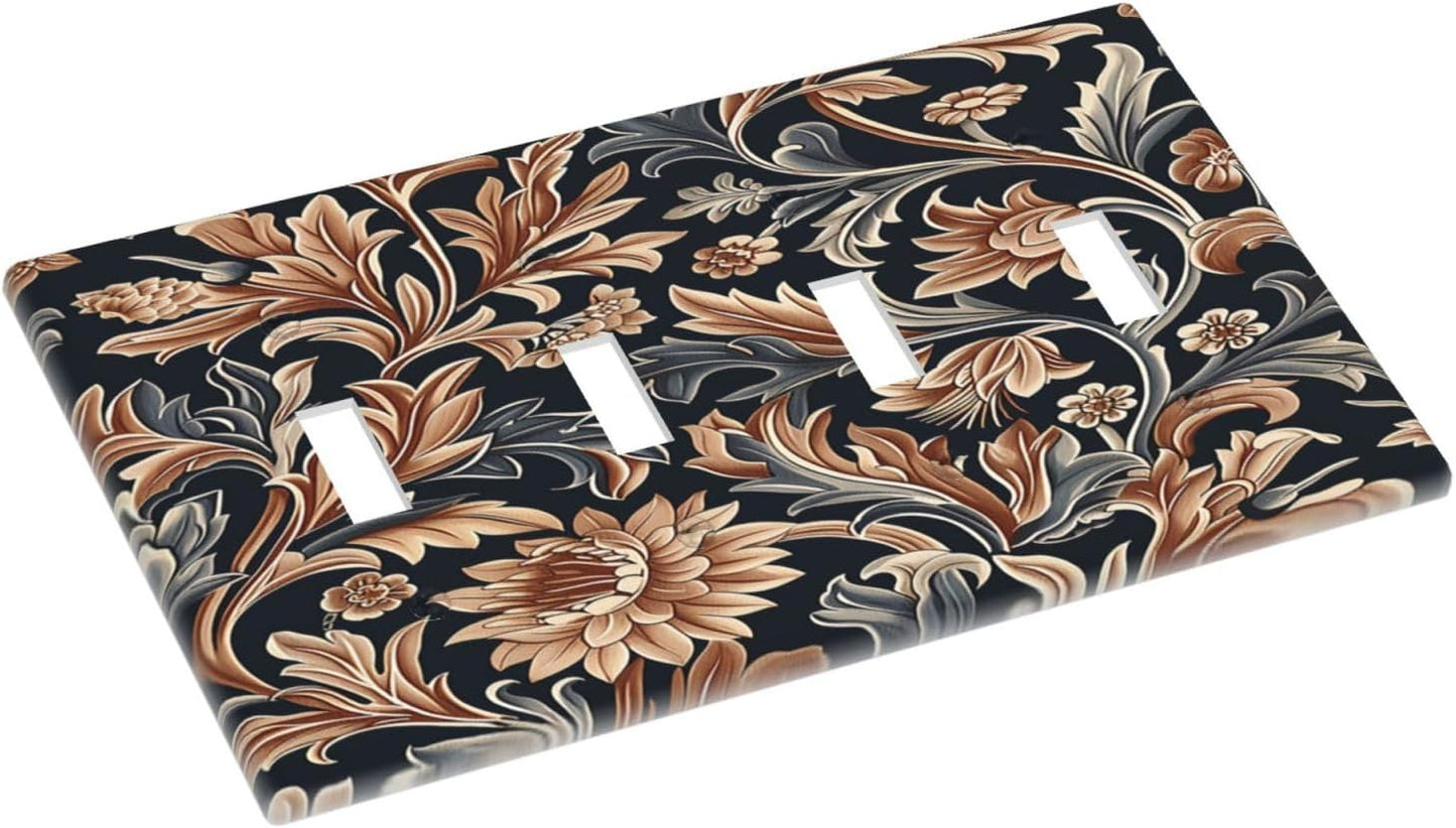 Light Switch Covers Vintage Grey Plant Leaves Brown Flowers Quad Toggle Electrical Faceplate 4 Gang Wall Plate Decorative Switch Plates for Bedroom Home Decor