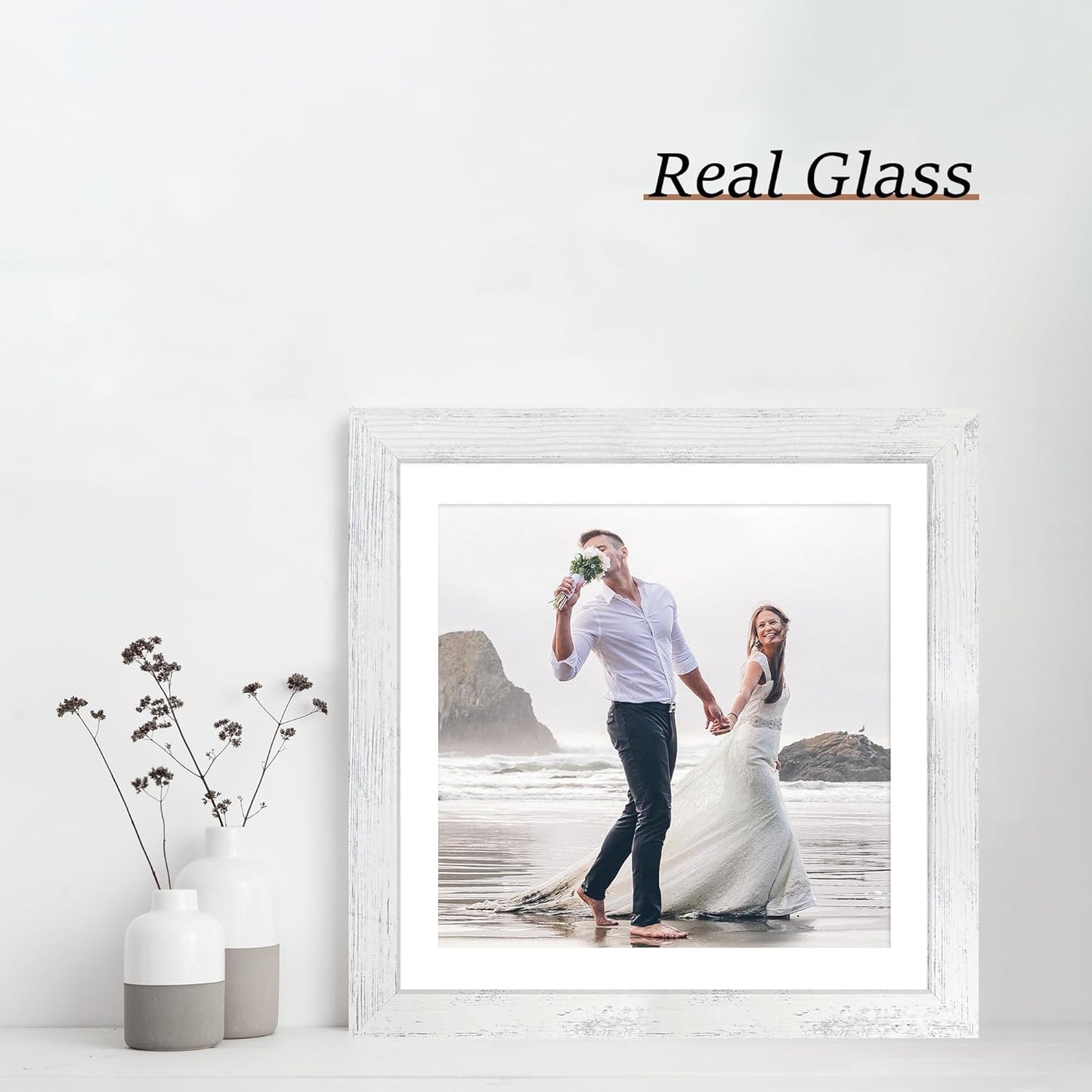 iRahmen 12x12 Picture Frame Set of 4 with Tempered Glass, Display 10x10 Pictures with Mat or 12 x 12 Without Mat, Wooden Photo Frames for Tabletop Display and Wall Mounting