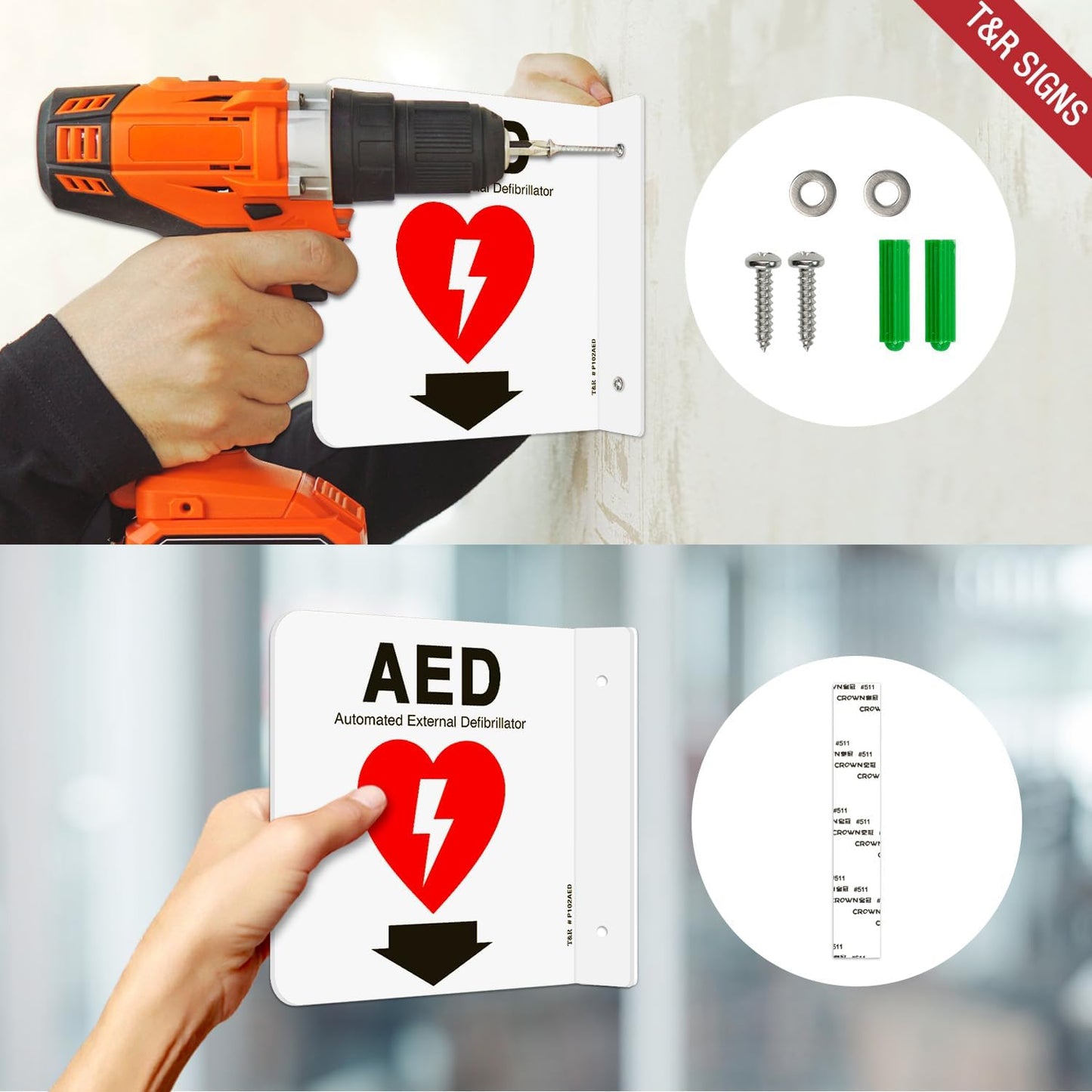 T&R AED Sign, Automated External Defibrillator with Down Arrow - 2 Pack - 6 x 6 Inches Acrylic, 2 pre-drilled holes, Includes Matching Screws, Use for Office/Business
