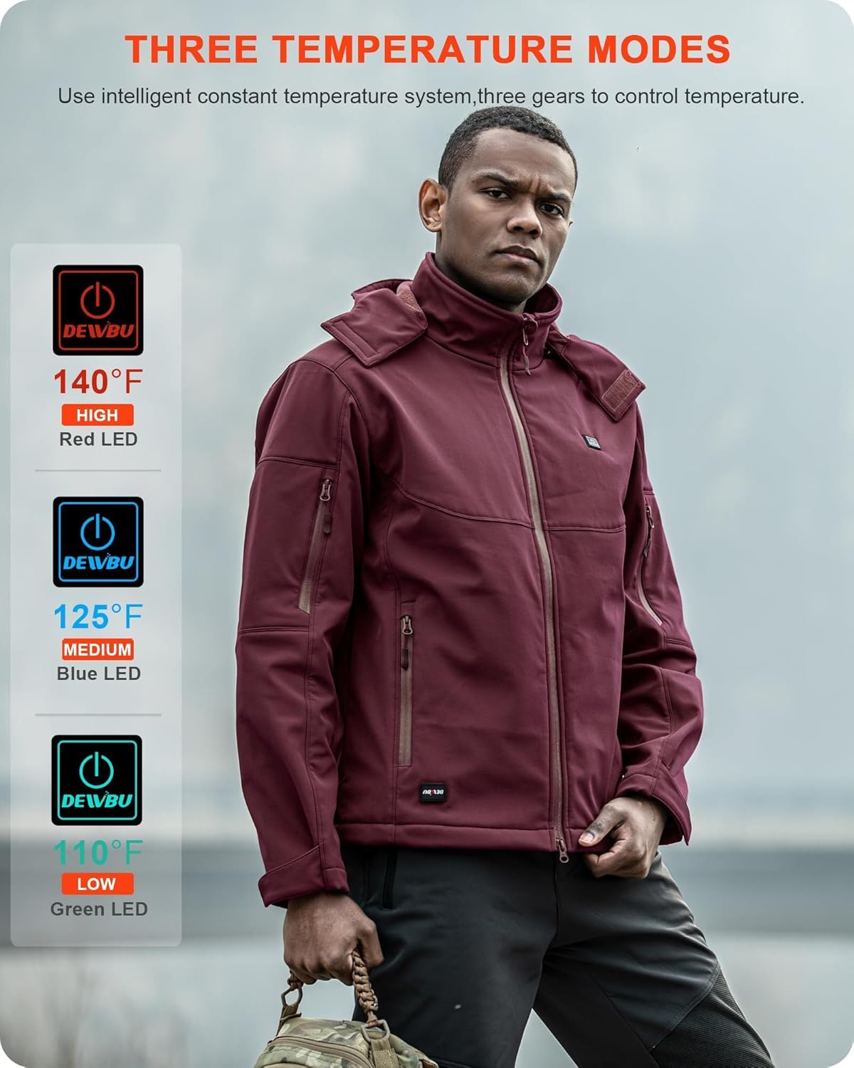 DEWBU Soft Shell Heated Jacket for Men with 12V Battery Pack and Detachable Hood Outdoor Electric Heating Coat