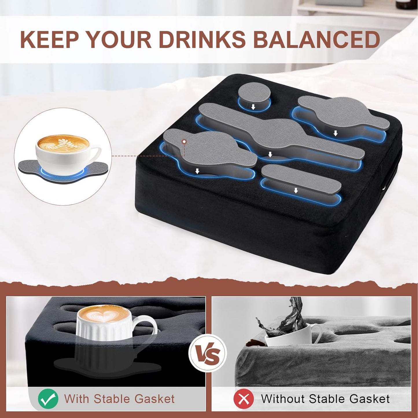 Couch Cup Holder Pillow - Sofa Cup Holder | Couch Caddy, Couch Drinks Remotes Holder for Cups, Headphones, Snacks, and Phones | Use it on Car, Pack, Beach, RV, and More (Black)