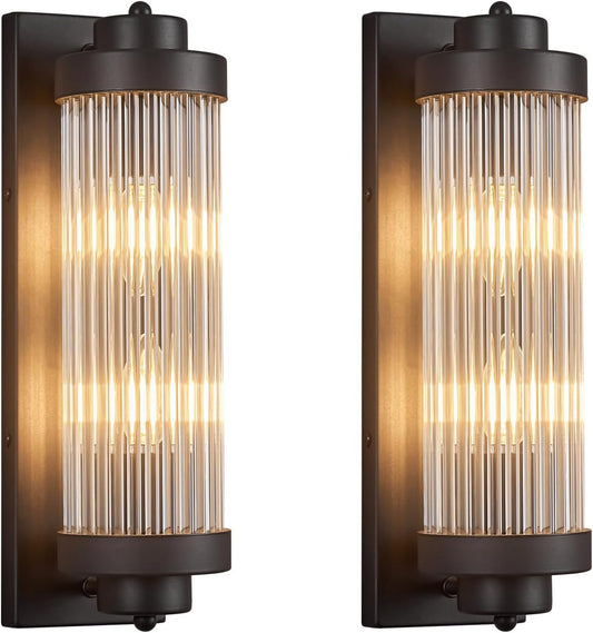 Black Wall Sconces Set of Two with Crystal Glass Strip Bathroom Sconces Modern Wall Lights for Bedroom Living Room Hallway Wall Light Fixtures, 2 Light E12 Base