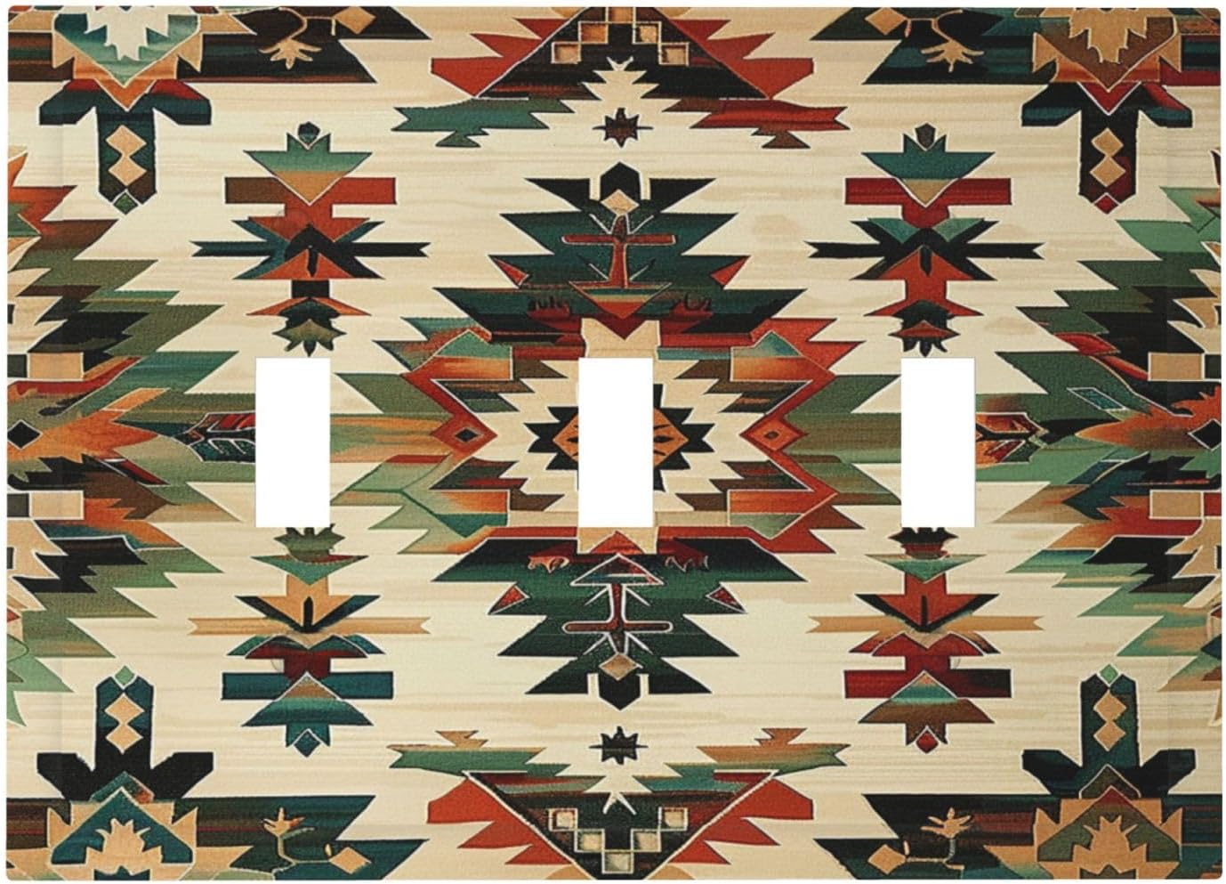 Decorative Switch Plates Southwest Rustic American Indian Aztec Boho 3 Gang Wall Plate Triple Toggle Light Switch Cover Faceplate Electrical Wall Panels for Bed Room living Room Decor