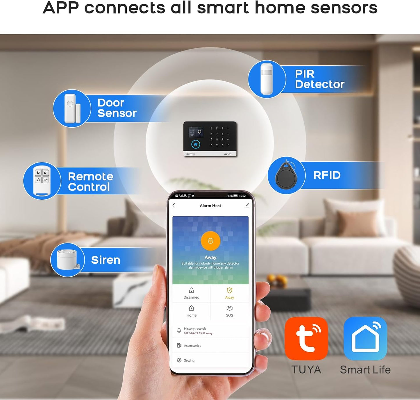 Wireless Home Security Aystem,24Pcs DIY Kit with Door/Window Sensors,Motion Sensors Detectors,SOS Button,Remote,APP Insta Alert Compatible with Alexa,for Smart Life or Tuya APP,NO Monthly Fees