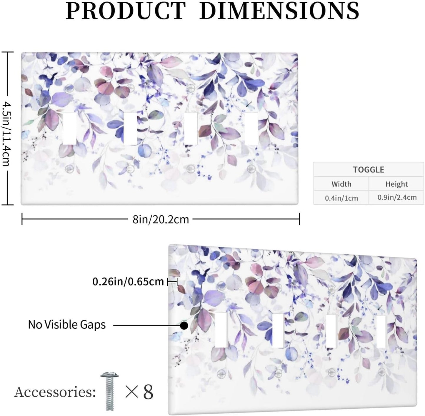 Purple Eucalyptus Watercolor Floral Rustic Leaf Light Switch Covers Quad Toggle Electrical Faceplate 4 Gang Wall Plate Decorative Switch Plates for Farmhouse Home Decor