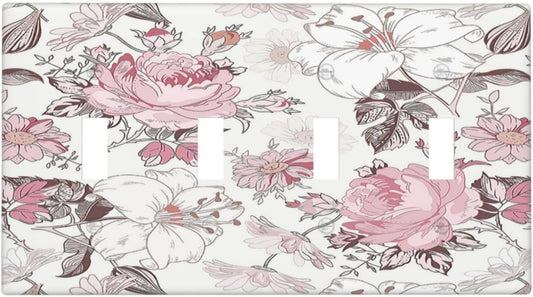 Light Switch Covers Modern Watercolor Flower Pink White Wildflower Quad Toggle 4 Gang Wall Plate Electrical Faceplate Decorative Switch Plates for Bedroom Home Decor