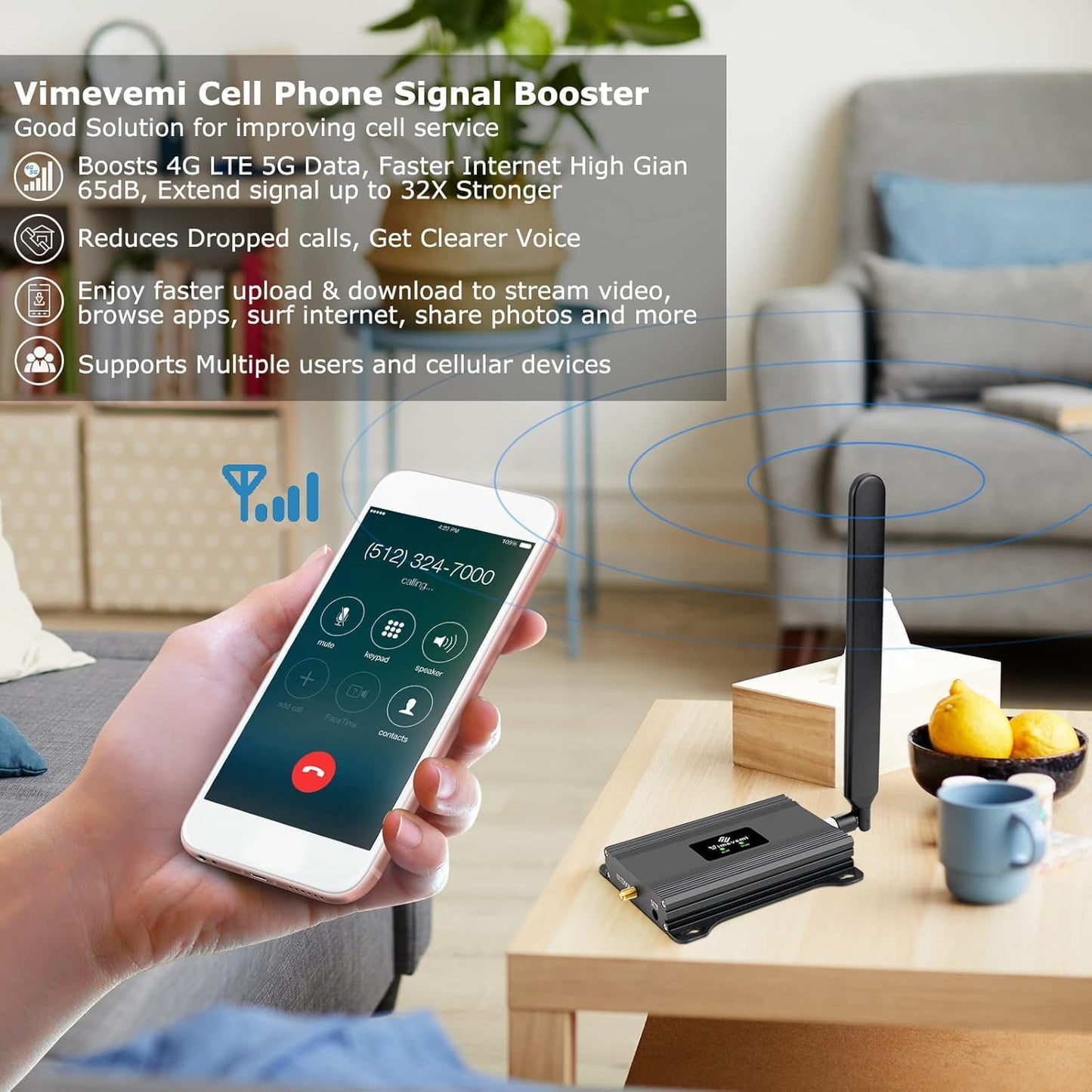 Cell Phone Booster for Home and Office | 65dB High-Gain Amplifier for Verizon Band 13 5G & 4G LTE | Boosts Signal for Data Carriers Up to 4000 Sq.Ft | FCC Certified