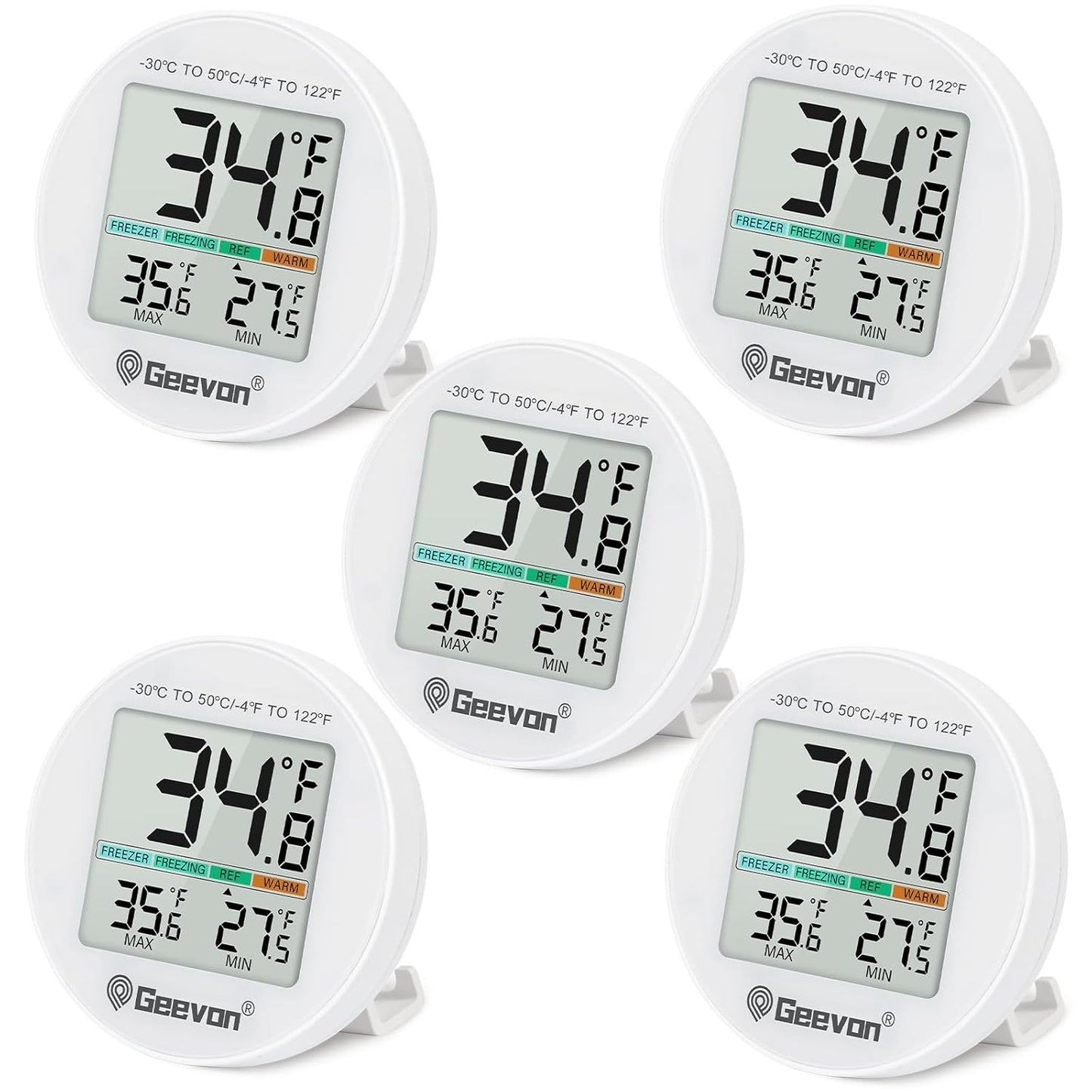Geevon Small Digital Refrigerator Thermometer 5 Pack, IP65 Waterproof Commercial and Home Use, Max/Min Record Function with LCD Screen, Stand and Magnetic Back, for Fridge, Freezer Scenarios