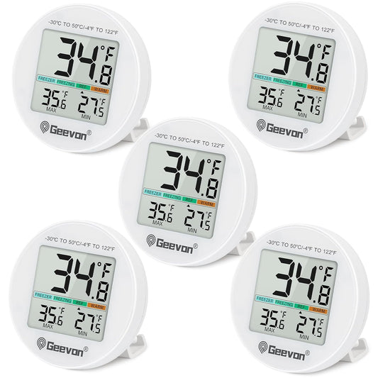 Geevon Small Digital Refrigerator Thermometer 5 Pack, IP65 Waterproof Commercial and Home Use, Max/Min Record Function with LCD Screen, Stand and Magnetic Back, for Fridge, Freezer Scenarios