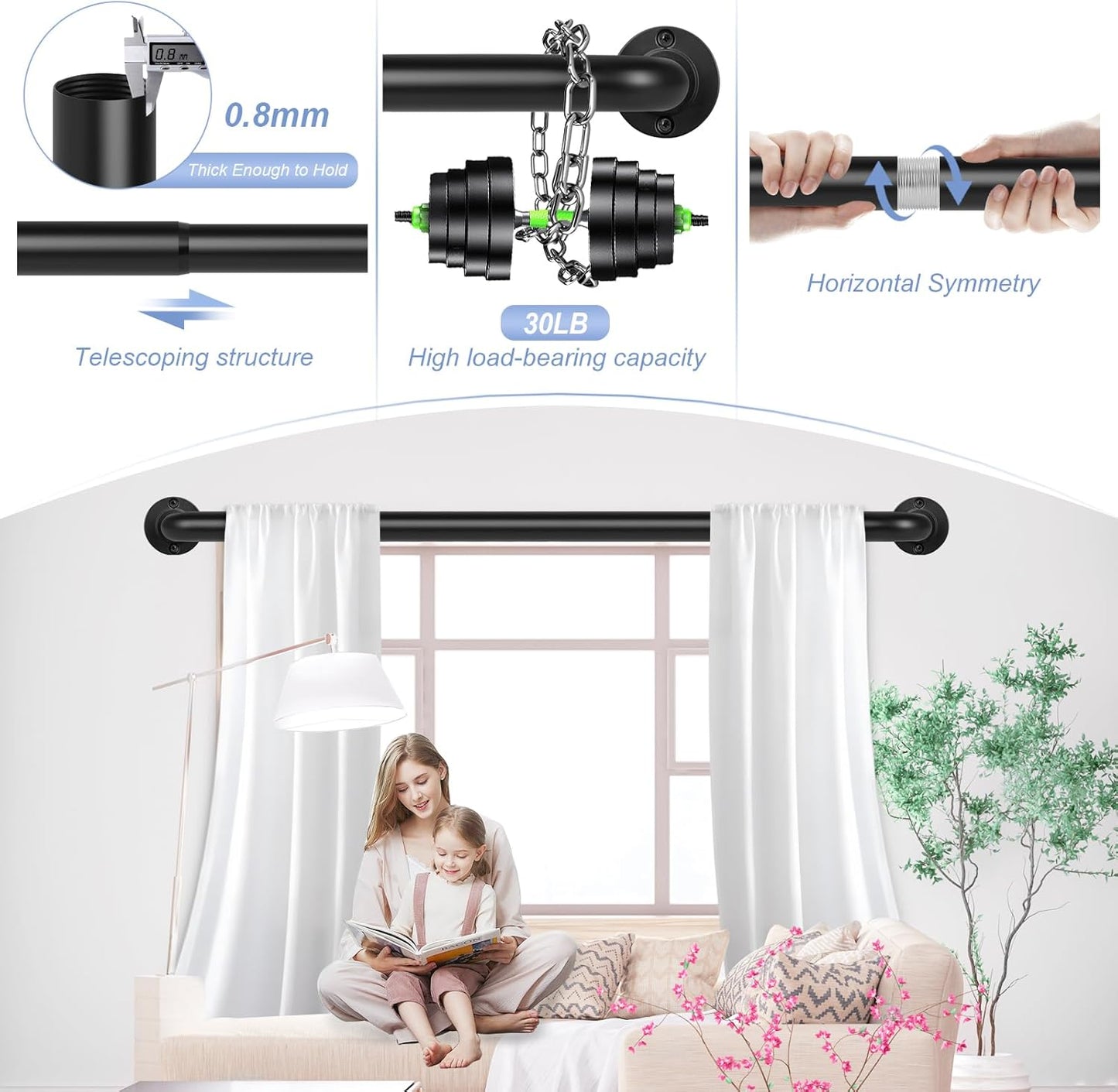 Black Wrap Around Curtain Rods 66 to 120 In:Blackout Heavy duty Adjustable Window Curtain Rod for Bedroom,Industrial Darkening Curved French Metal Single Drapery Rods Easy Install,Matte Black