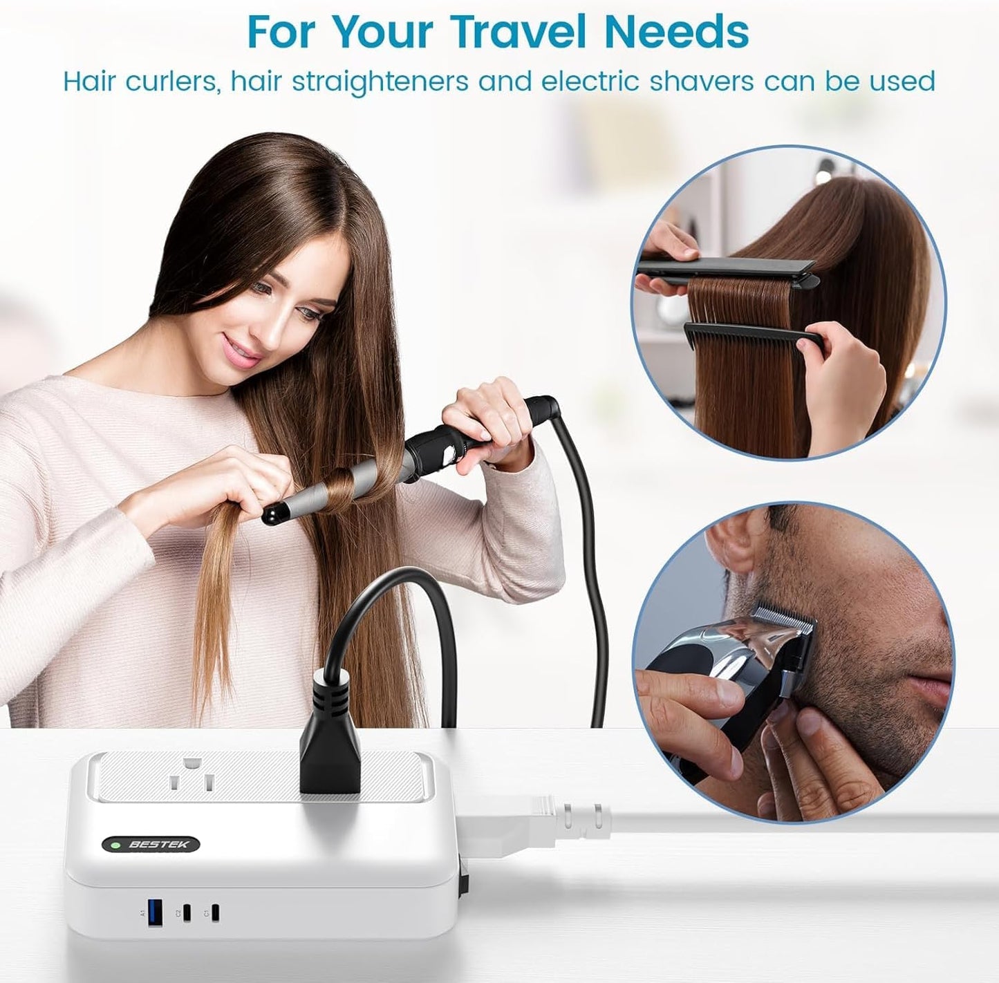 BESTEK 220v to 110v Converter with PD35w, 200w AC Voltage Converter US to Europe, Step Down Converter for Hair Straightener/Curling Iron with EU UK FR DE ES AU Travel Adapter (Unavailable Hair Dryer)
