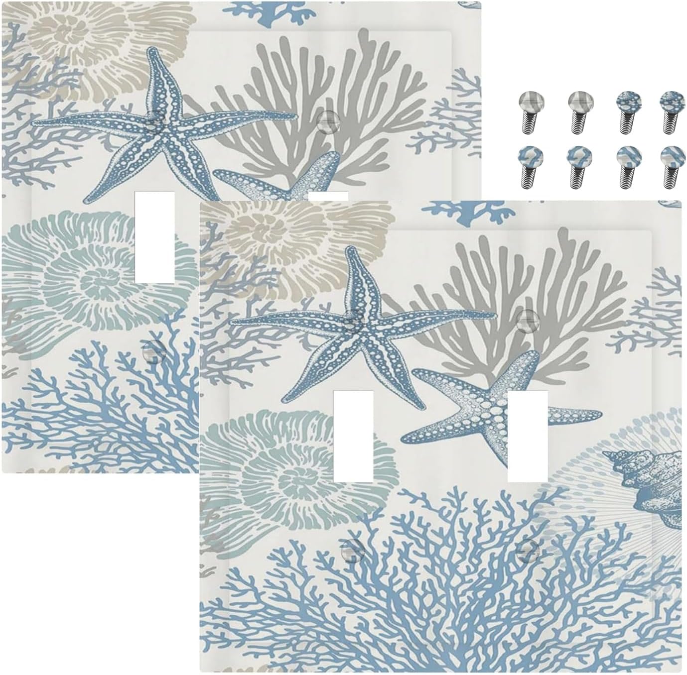 Decorative Light Switch Plate Covers Blue Starfish Coral Seaweed 2 Gang Light Switch Cover Plate Double Toggle Wall Plate Outlet Covers for Bathroom Bedroom Decor （2 Pack）