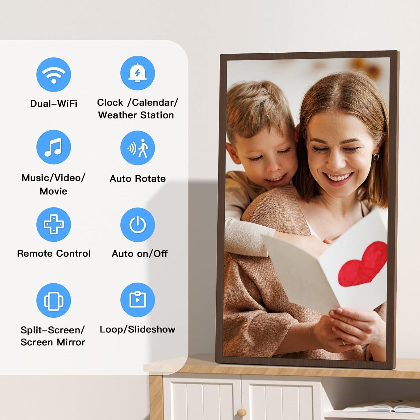 Large Digital Picture Frame 32-Inch-WiFi-Photo-Frame - FHD IPS Digital Frame, Remote Control, Auto-Rotate, Load Photo Video from Phone via APP Email, Free Cloud Storage, Dark Wood Grain, Gifts for Mom