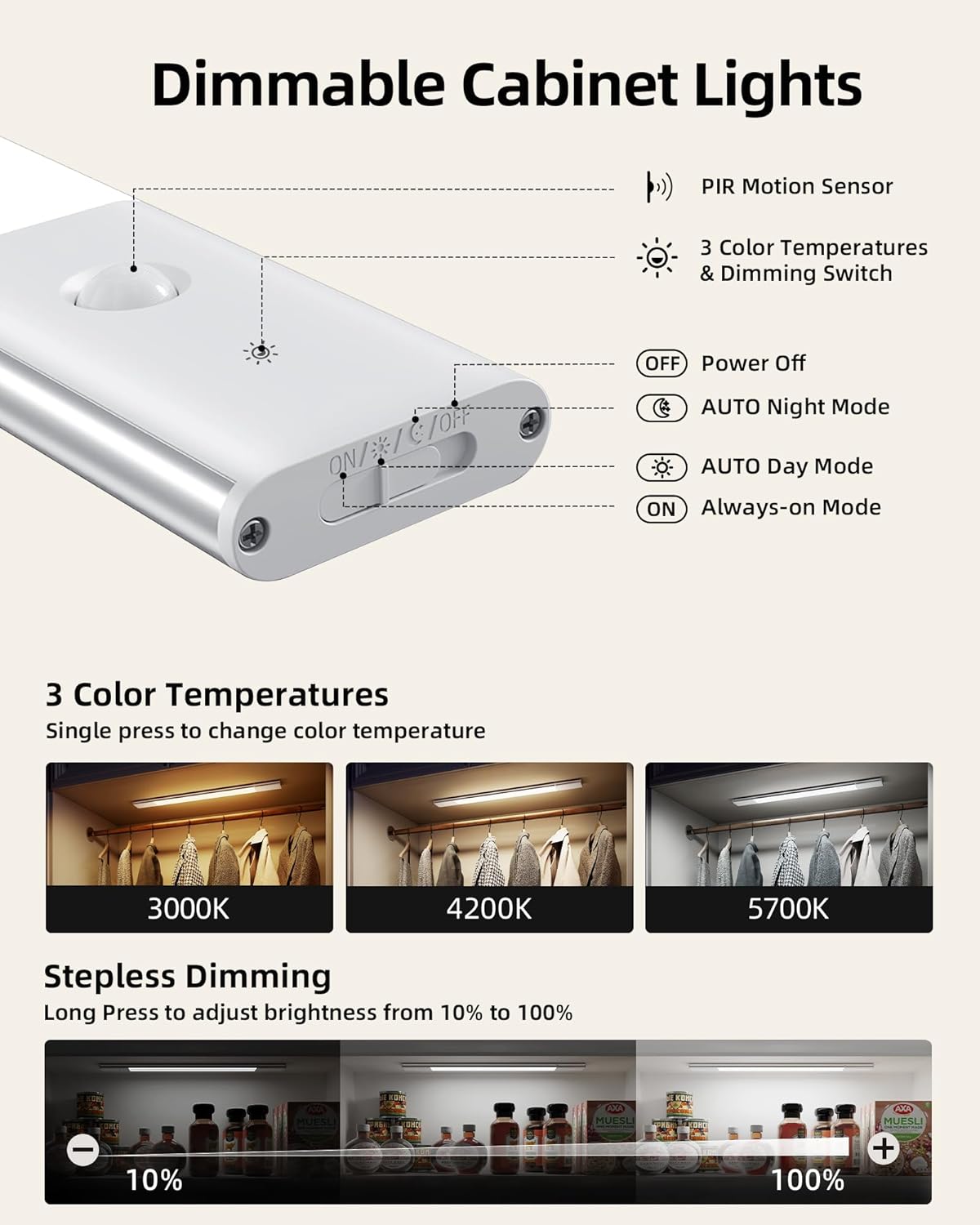 EZVALO Under Cabinet Lighting, Motion Sensor Closet Lights with Extra Detachable Battery, 76 LEDs Dimmable, 3 Color Temps, Under Counter Lights for Kitchen, Wardrobe