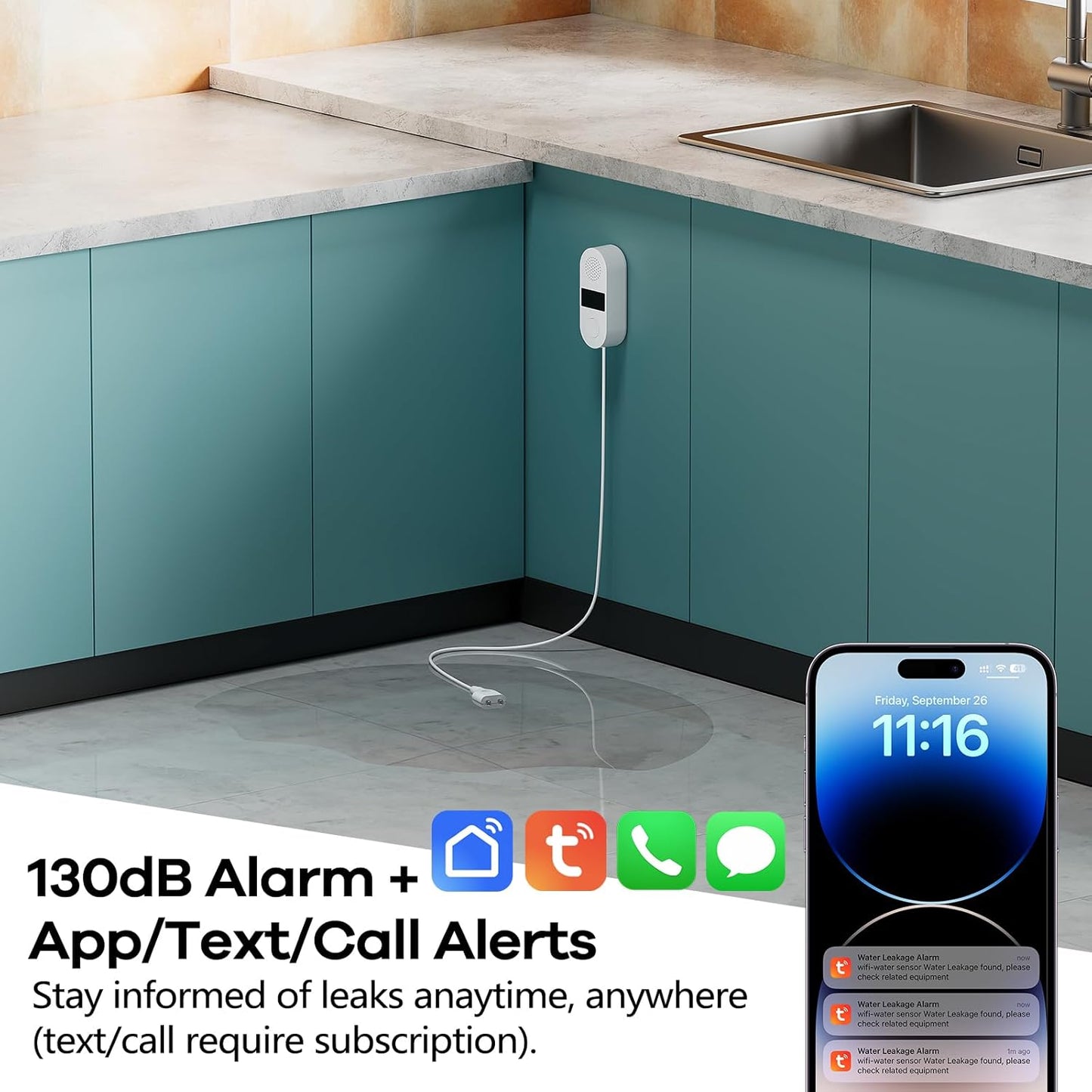 WiFi Water Leak Detector 4 Pack - Smart Water Leak Sensors with Tuya App Alerts, 130dB Loud Siren, 39" Extended Probe, Battery Powered, No Hub Required for Kitchen Bathroom Basement Laundry Room